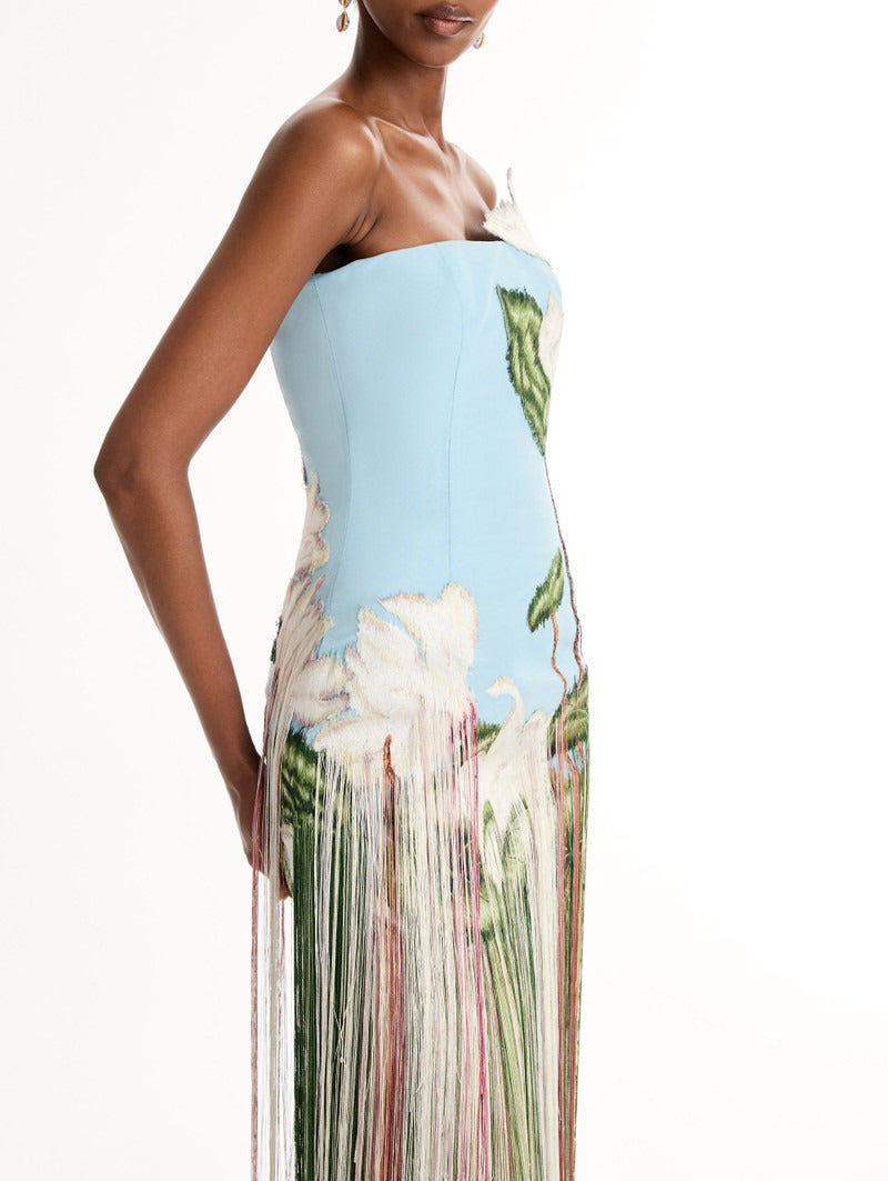 Chiné Cyclamen Threadwork Fringe Gown