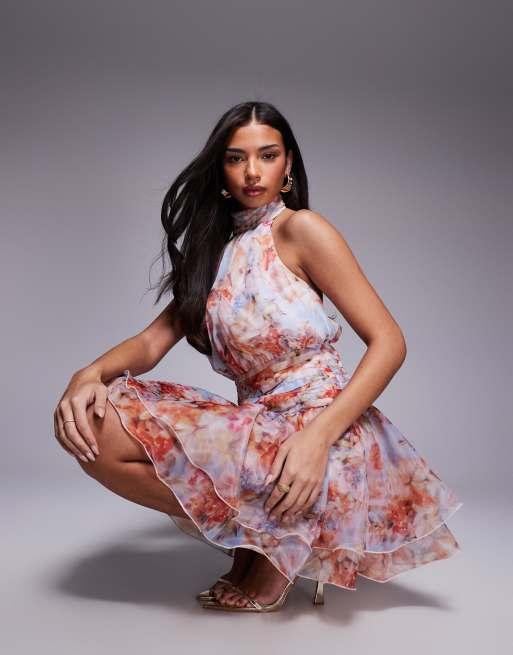 ASOS LUXE halter neck mini dress with organza skirt in floral print | ASOS