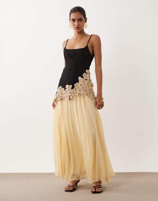 ASOS DESIGN embellished crochet flower maxi dress in black and neutral