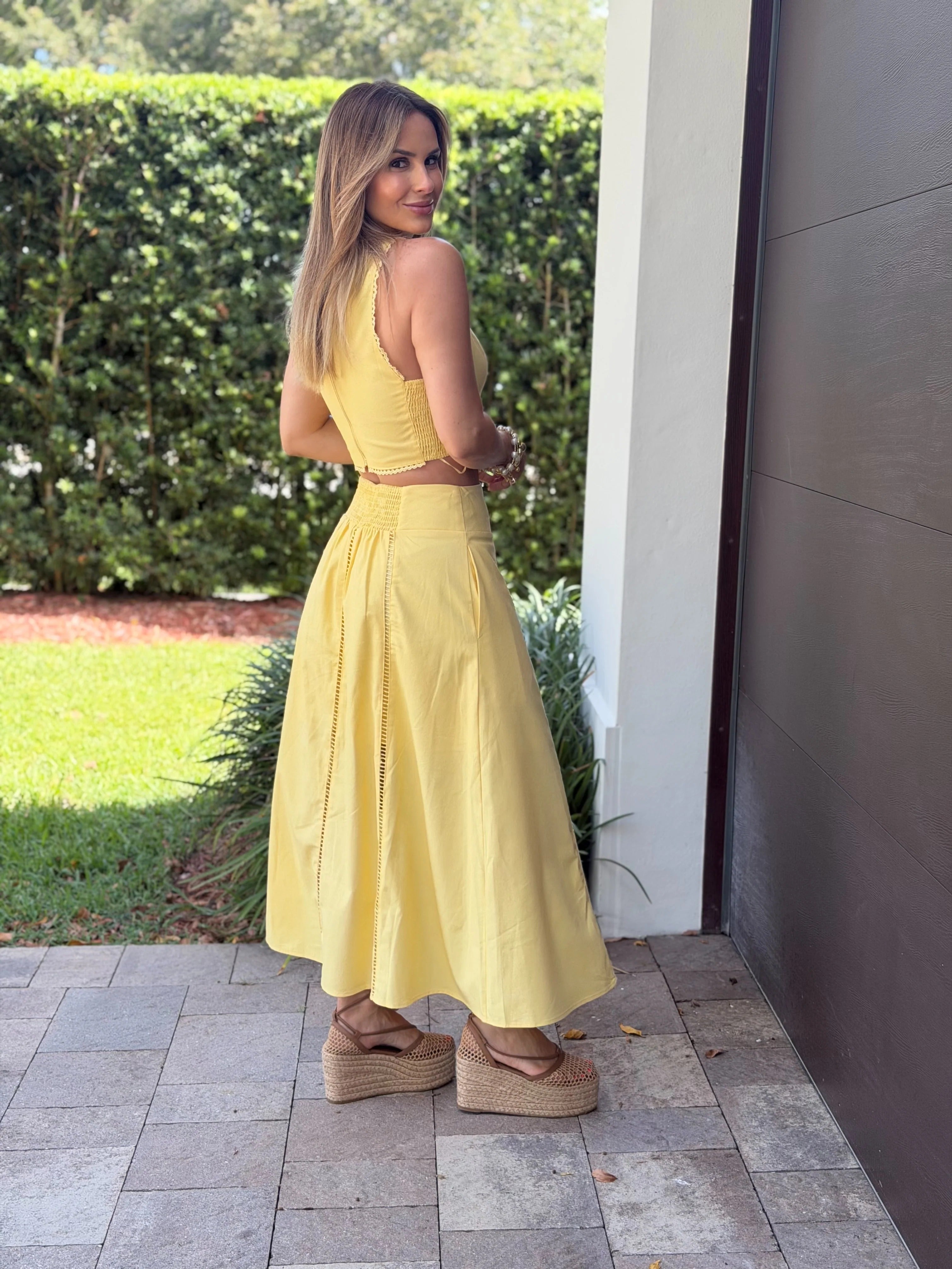 Lemon Eyelet Cutout Two-Piece Midi Skirt Set