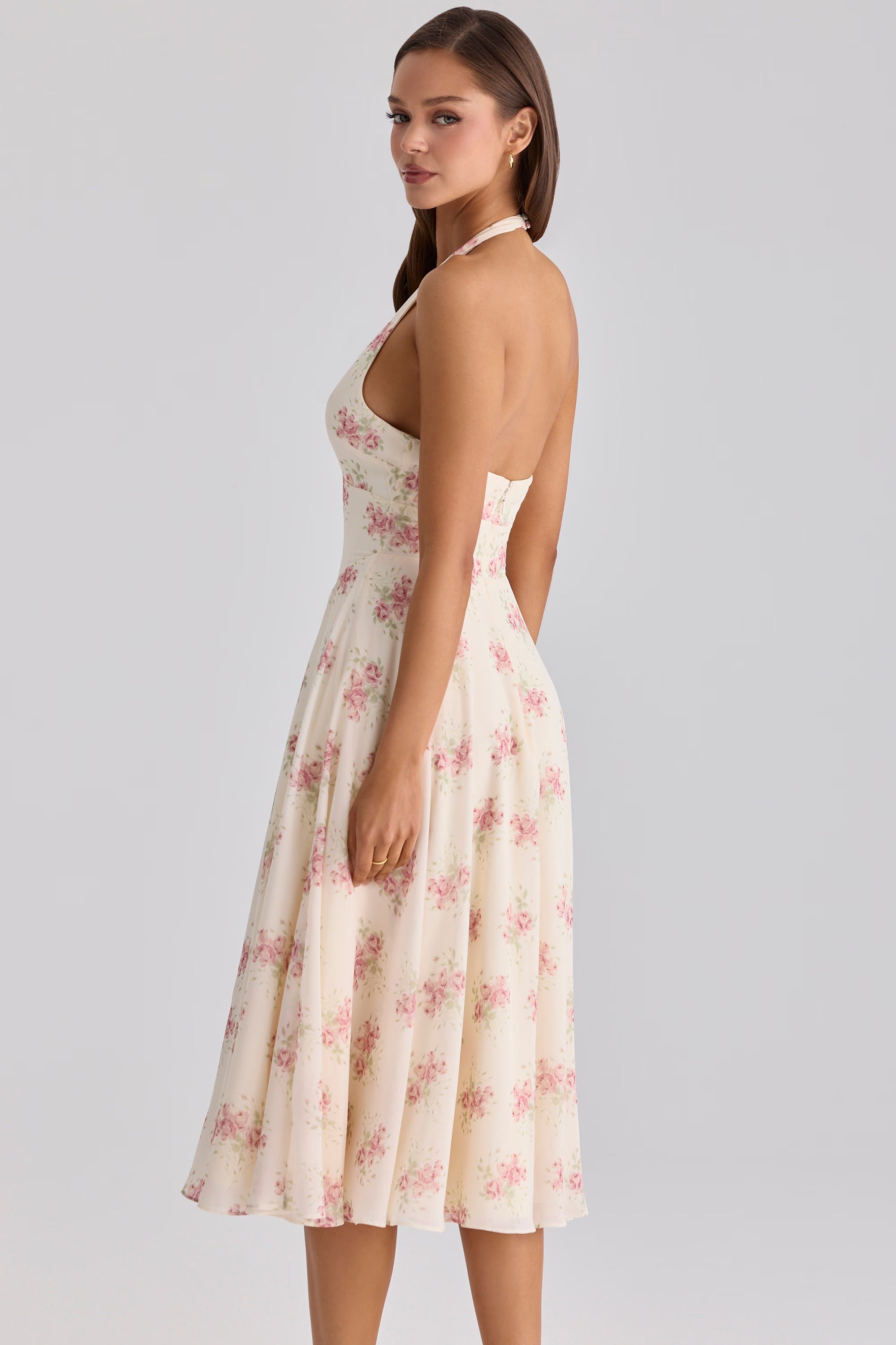 Solada ivory vintage rose print georgette midi halter dress