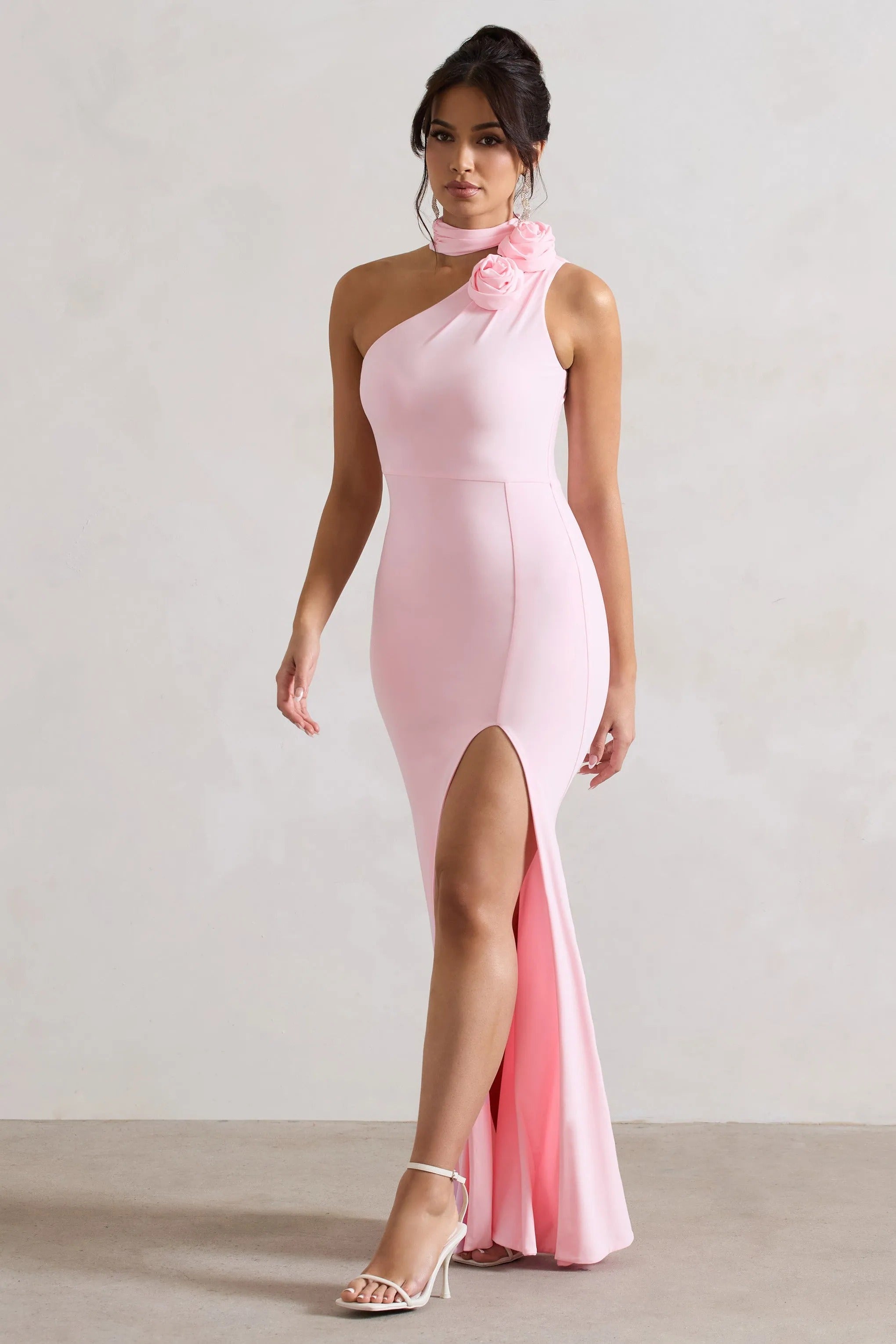 Suspense Pink One Shoulder Halter-Neck Split Maxi Dress