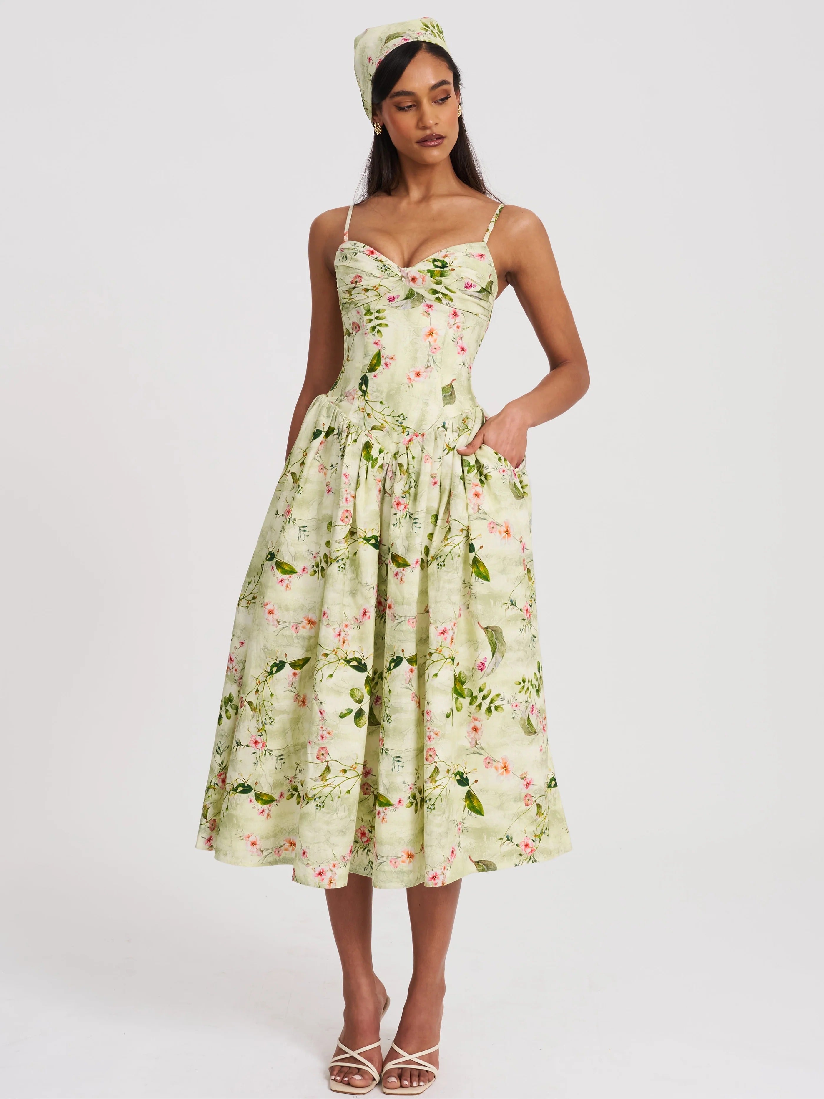 Jacinda Green Floral Print Ruched Breast Linen Midi Dress