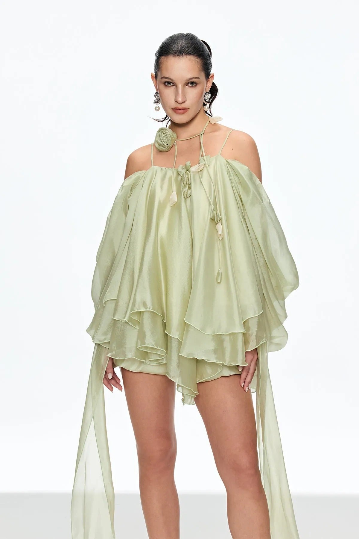 Caetana Ruffle Lace Up Fringe Mini Dress