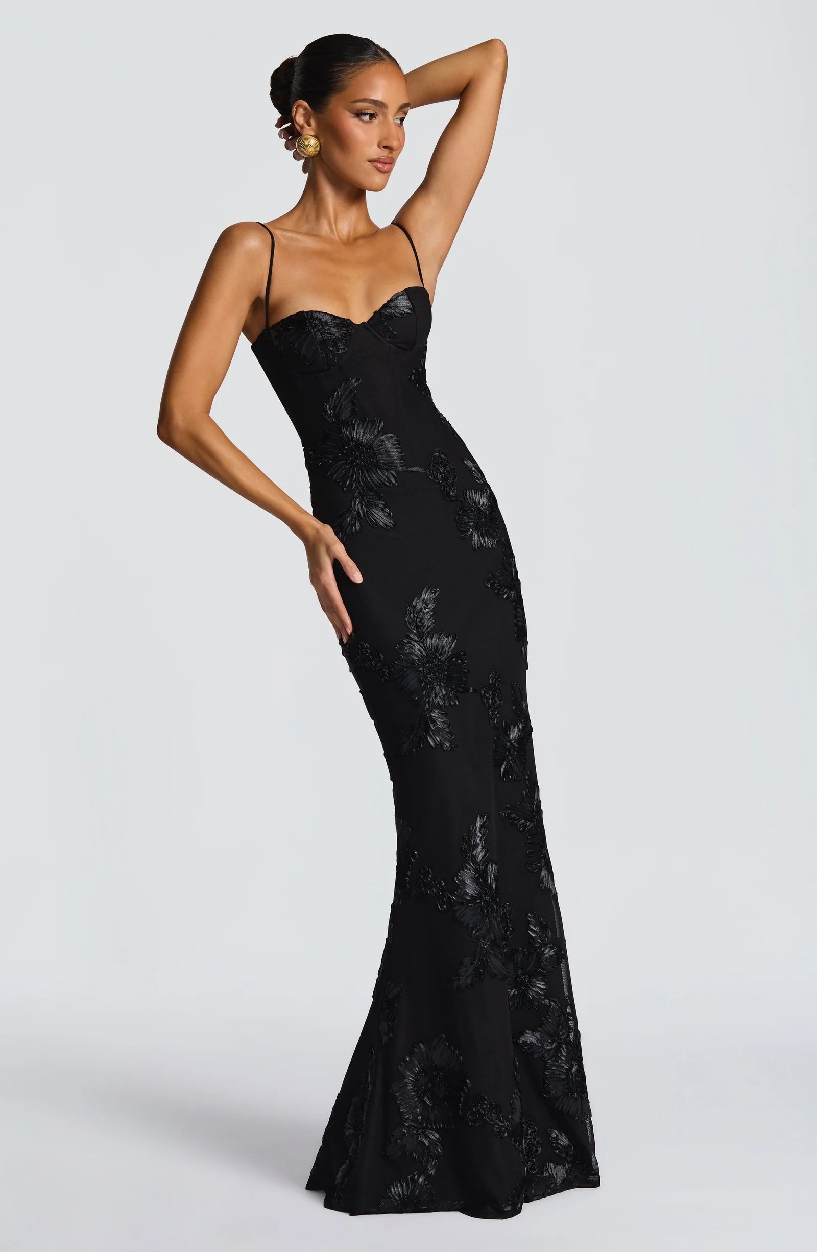 Floral Bustier Strappy Back Maxi Dress Black