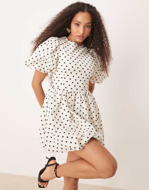 Sister Jane Puff Sleeve Mini Dress In Ivory Polka Dot