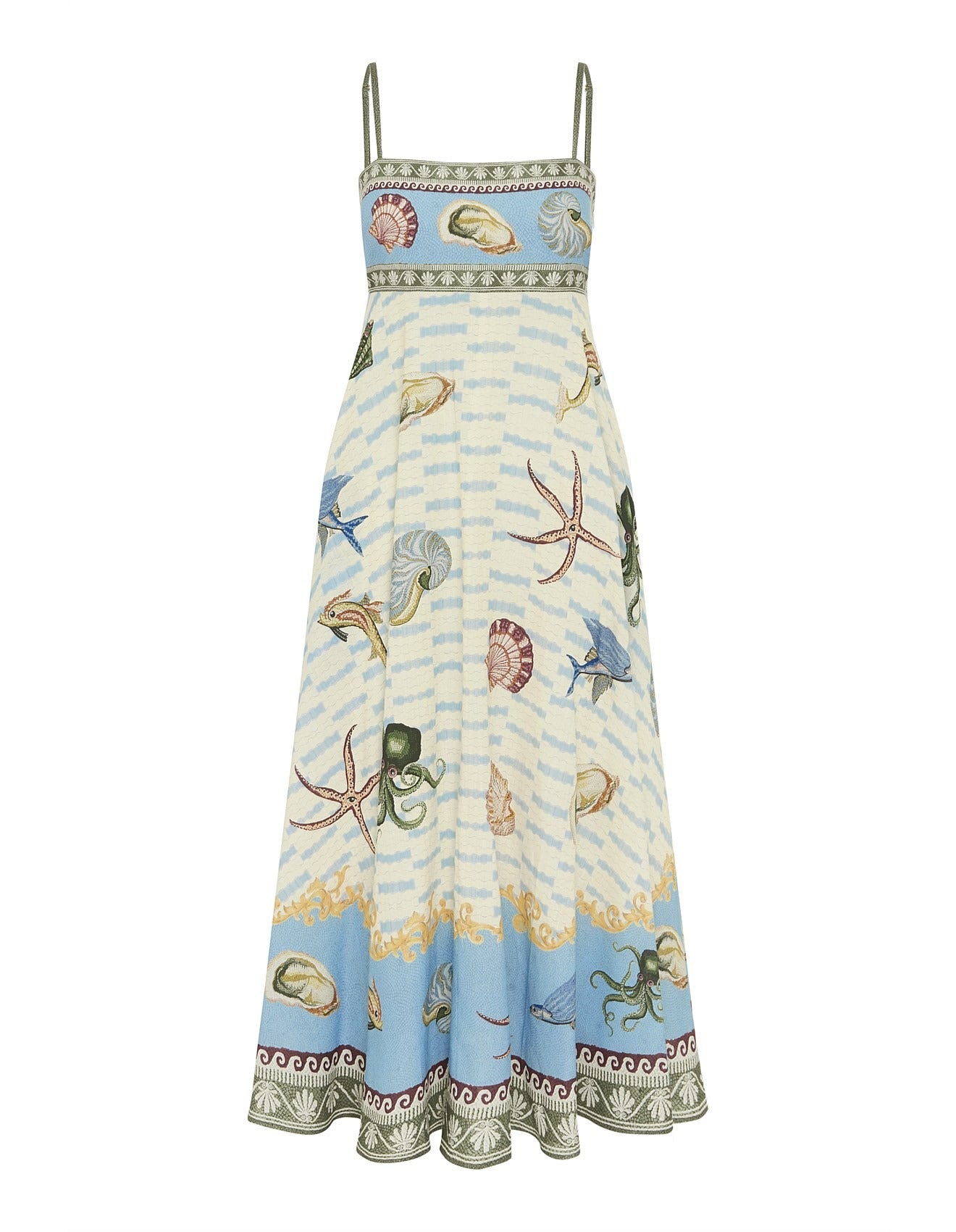 Conversational Printed Shoulder Straps Fit and Flare Maxi Dress