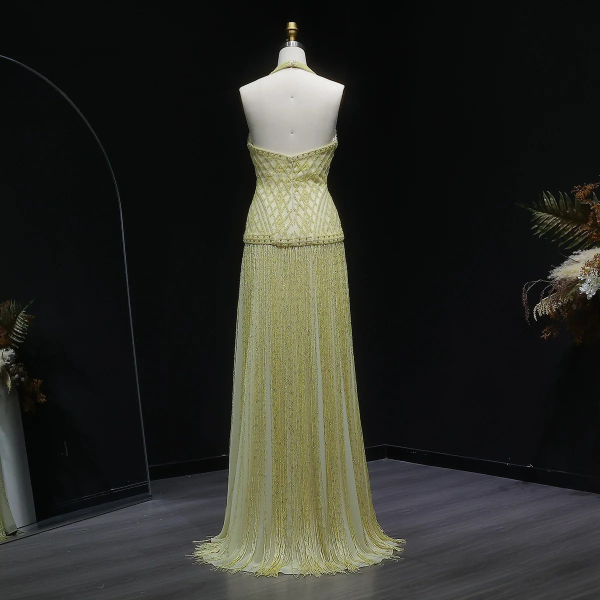 Gala Exquisite Yellow Beaded Halter Neck Deep V Evening Dress