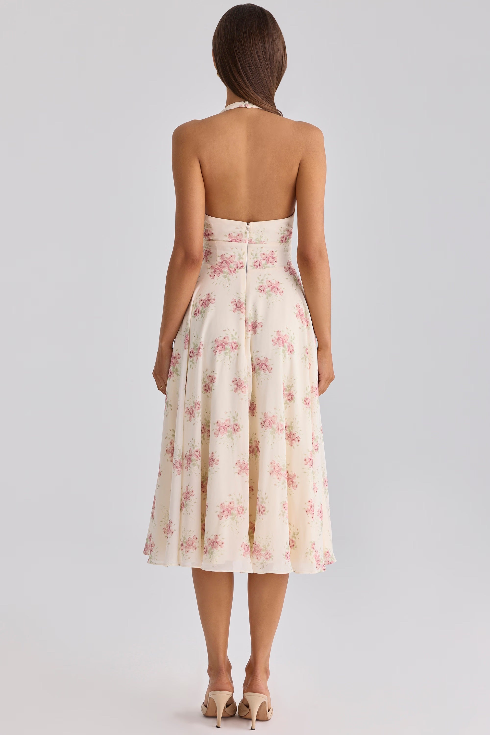 Solada ivory vintage rose print georgette midi halter dress