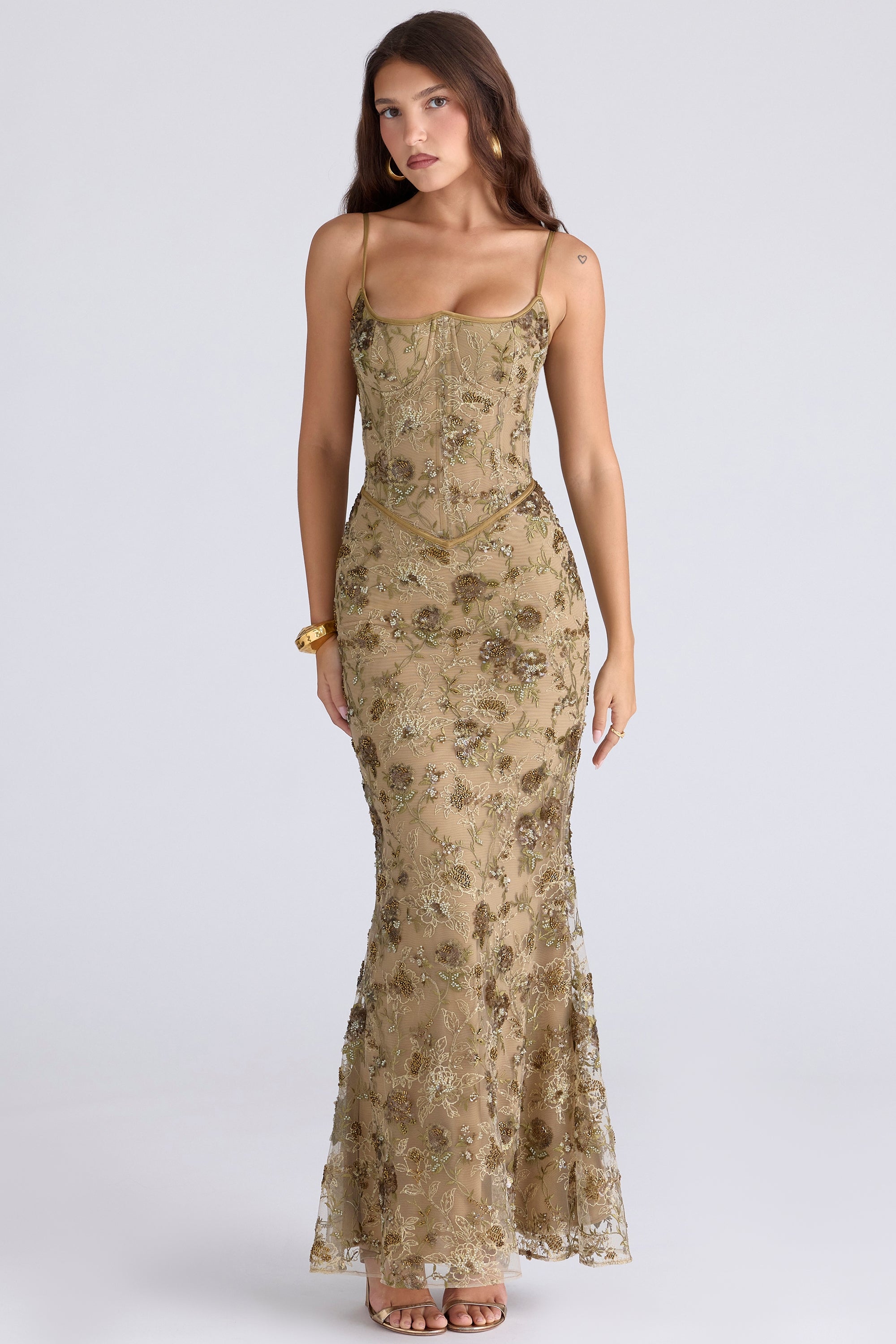 Naima olive bronze hand beaded embellished corset maxi dress - limited edition