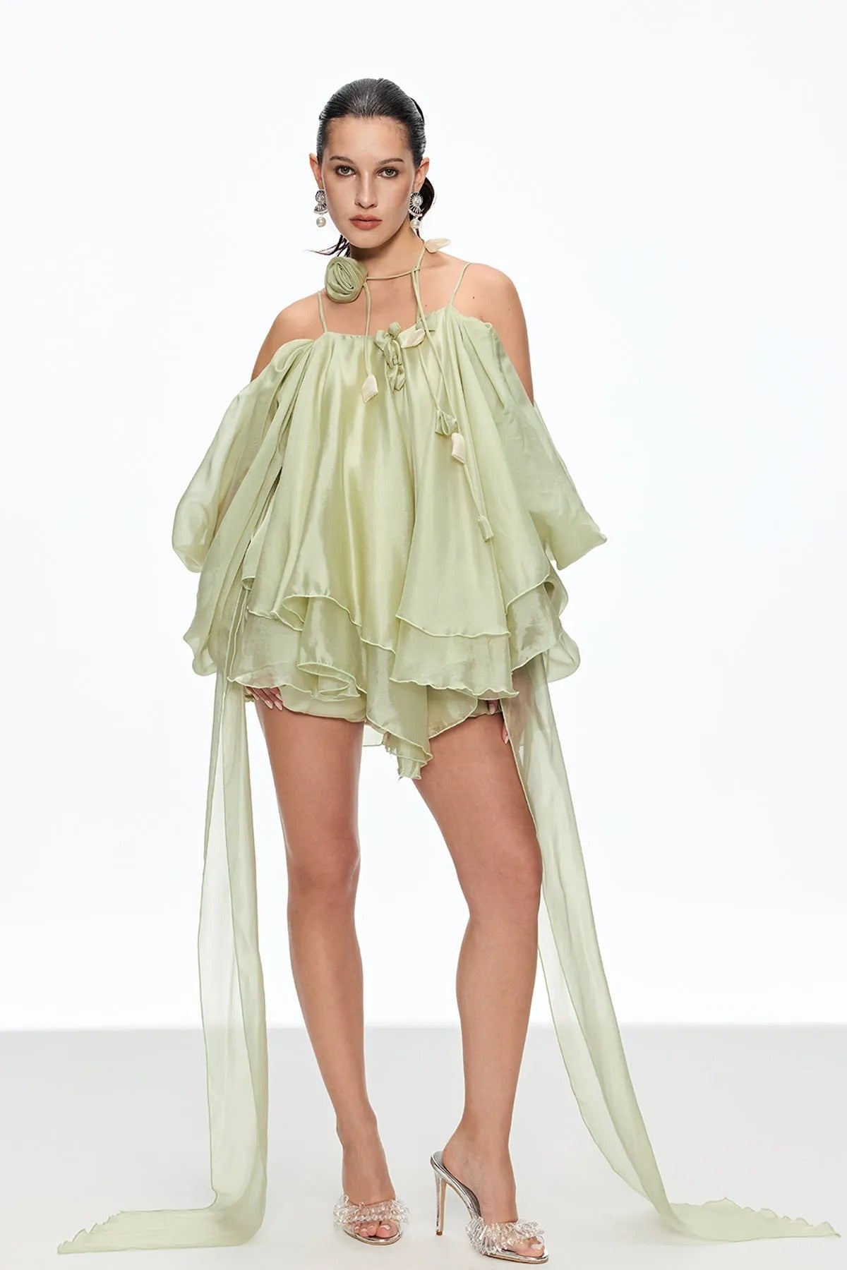 Caetana Ruffle Lace Up Fringe Mini Dress