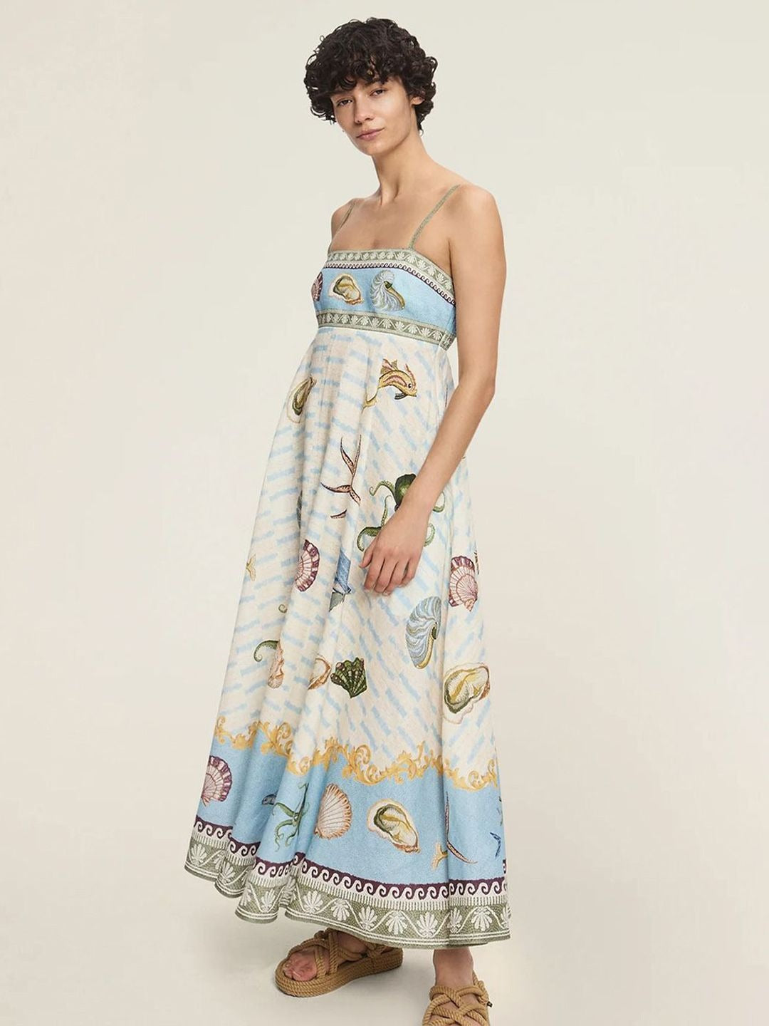 Conversational Printed Shoulder Straps Fit and Flare Maxi Dress