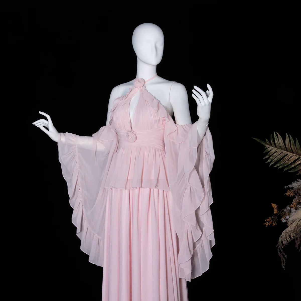 Elegant Pink Ruffled Halter 3D Floral Chiffon Evening Dress