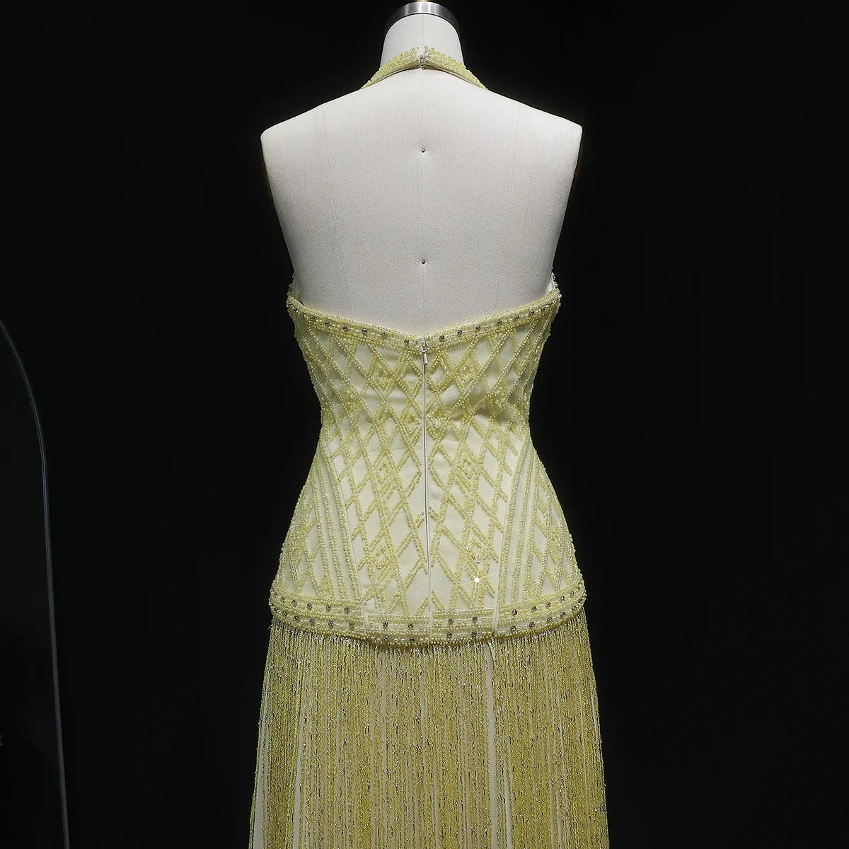 Gala Exquisite Yellow Beaded Halter Neck Deep V Evening Dress