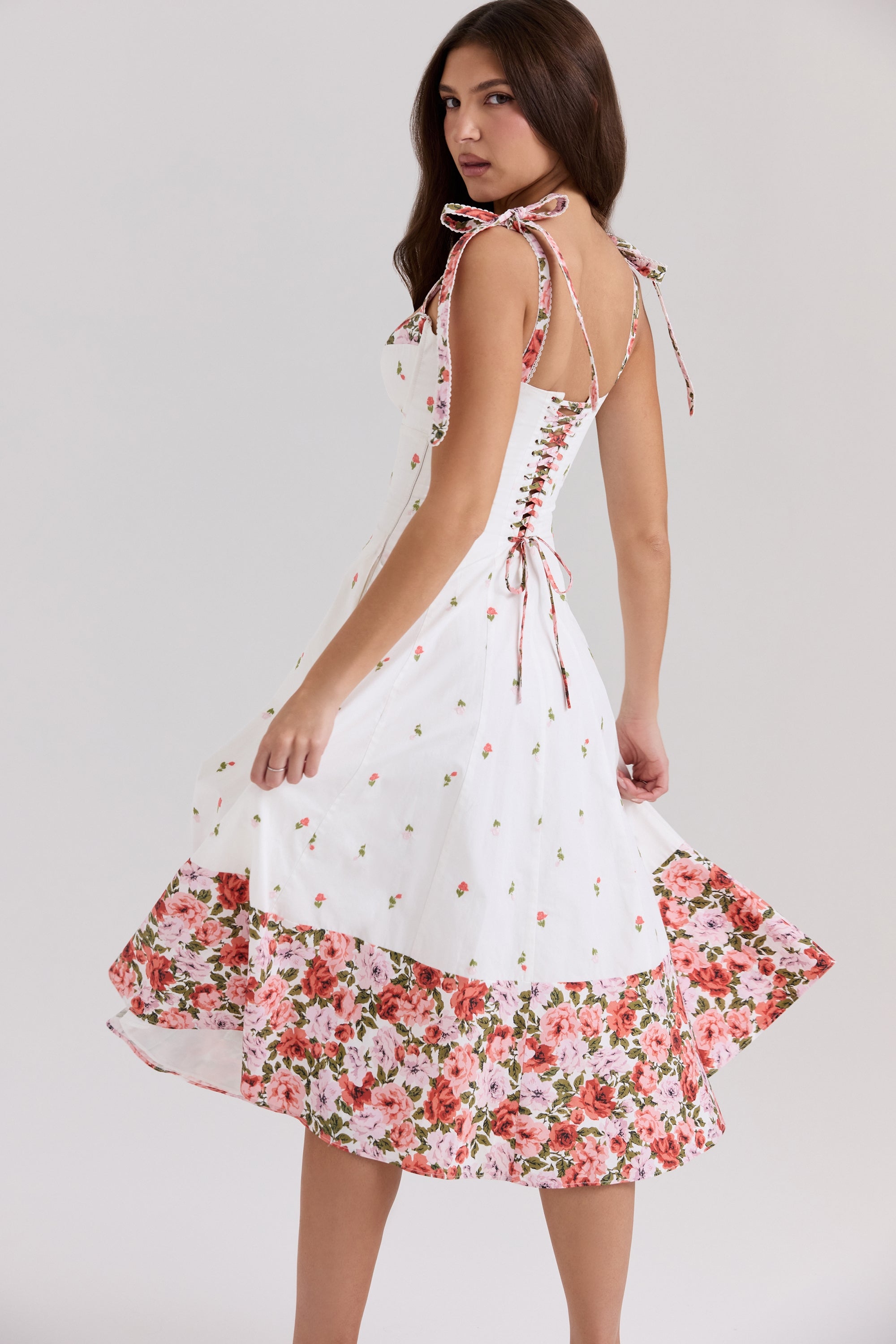Emely white floral print stretch cotton midi sundress