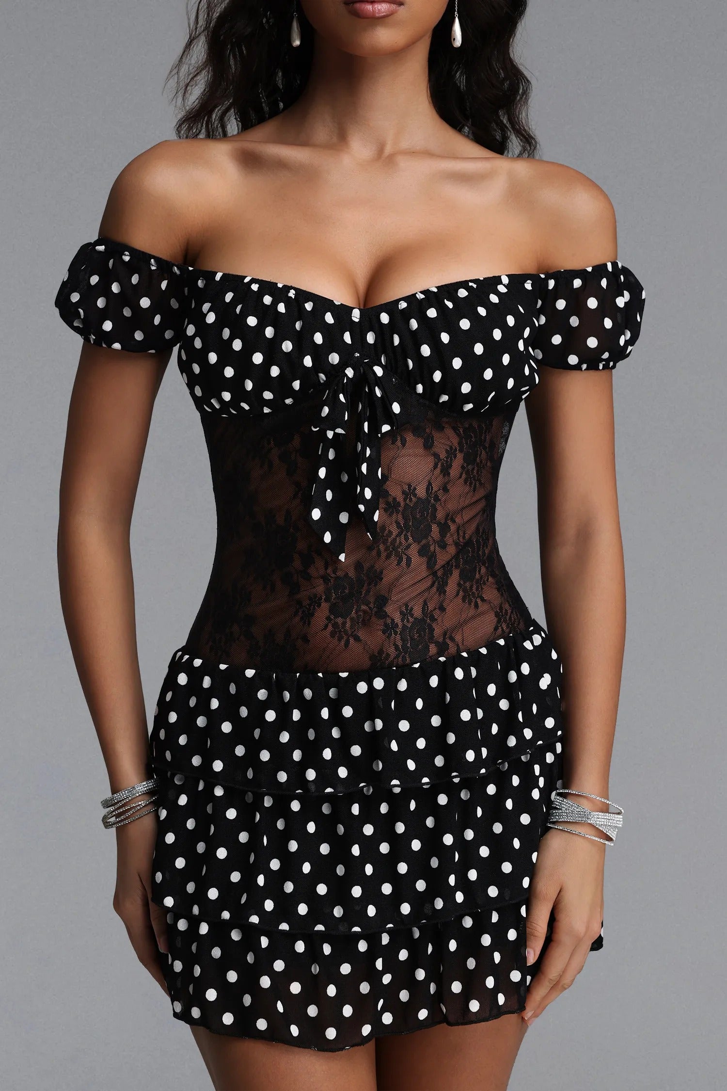 Kyli Sexy Contour Off Shoulder Floral Lace Polka Dot Knit Mini Dress