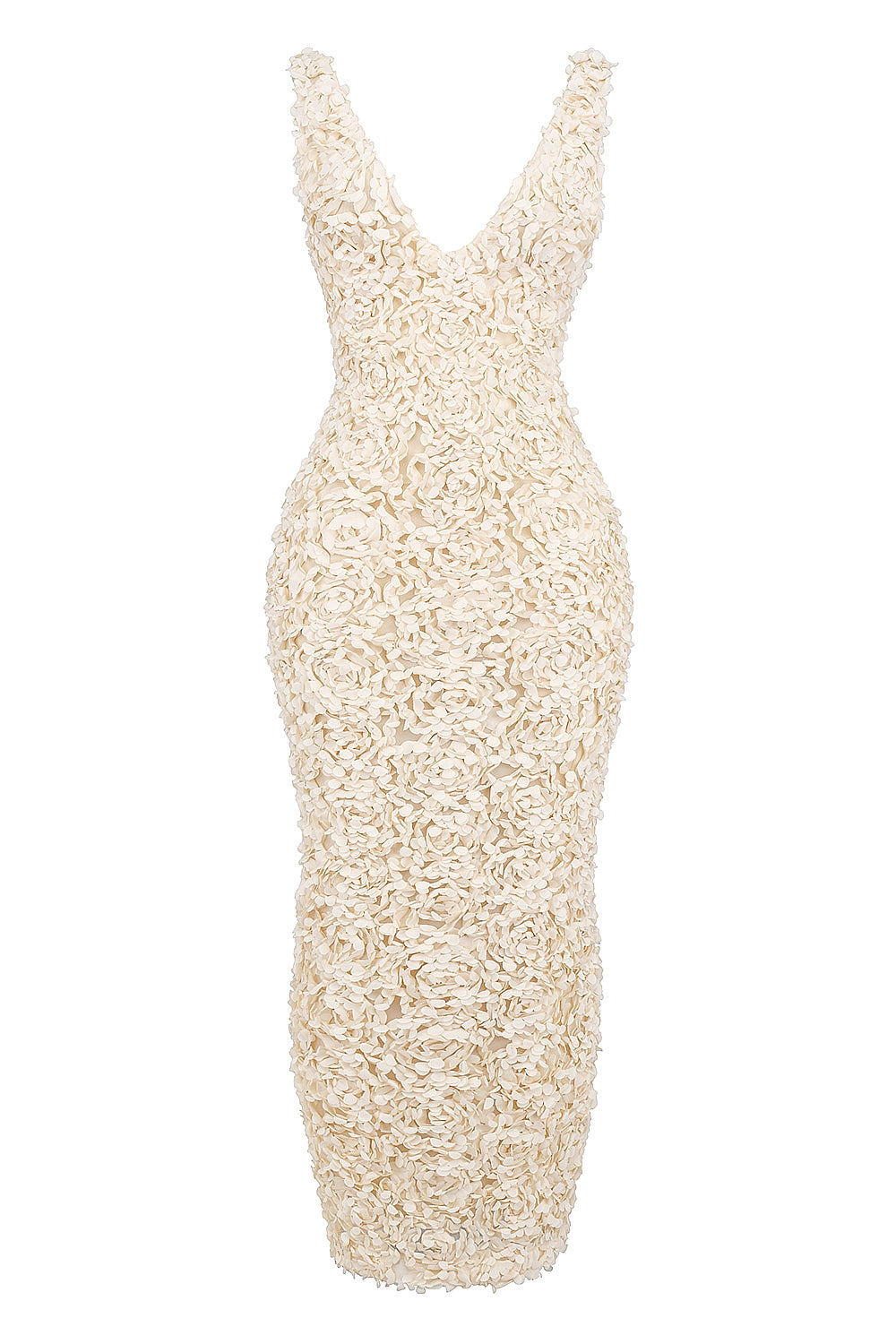 Carena creme plunge floral appliqué maxi dress