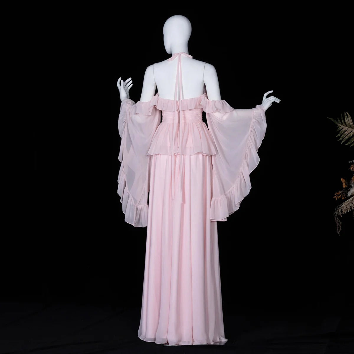 Elegant Pink Ruffled Halter 3D Floral Chiffon Evening Dress