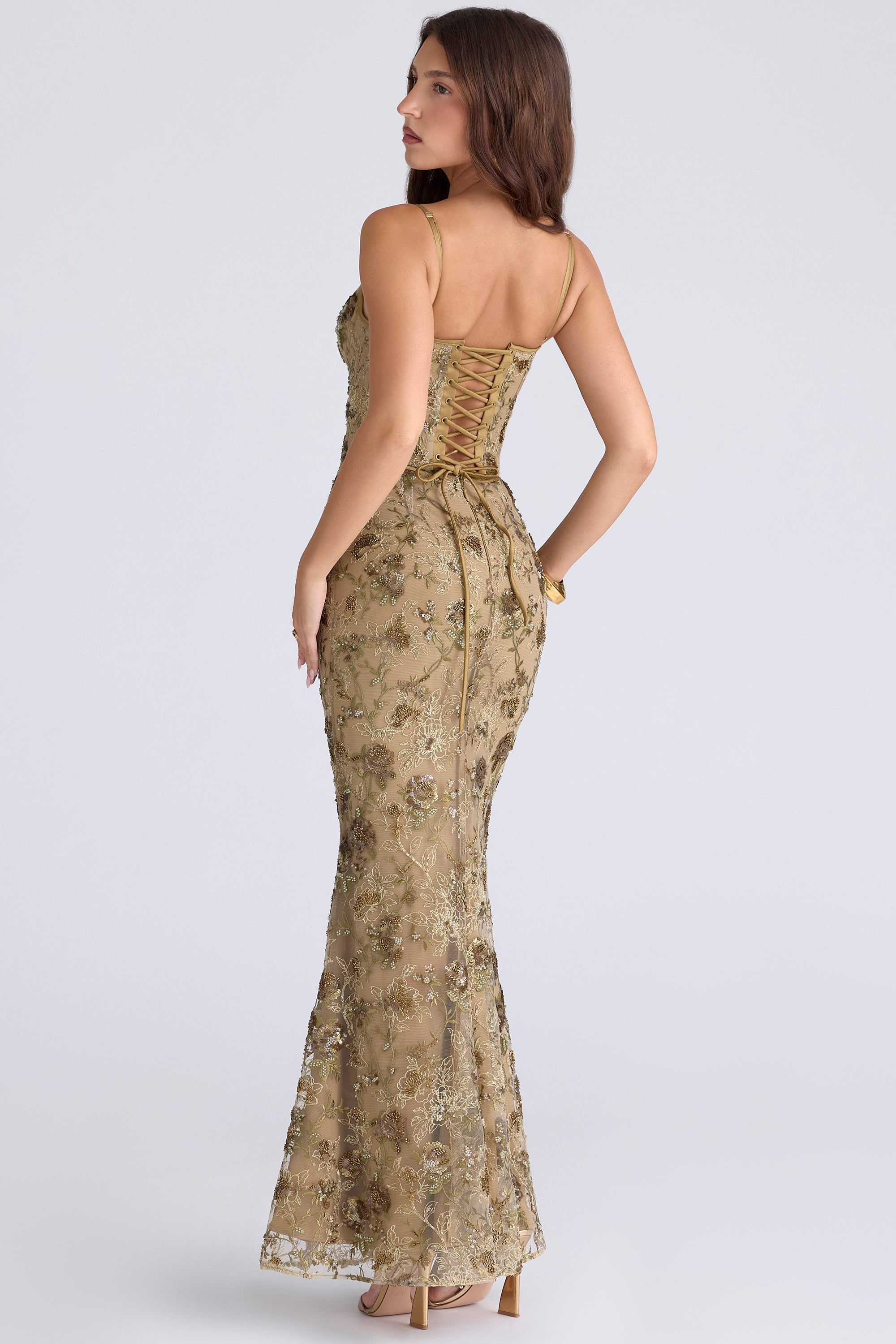 Naima olive bronze hand beaded embellished corset maxi dress - limited edition