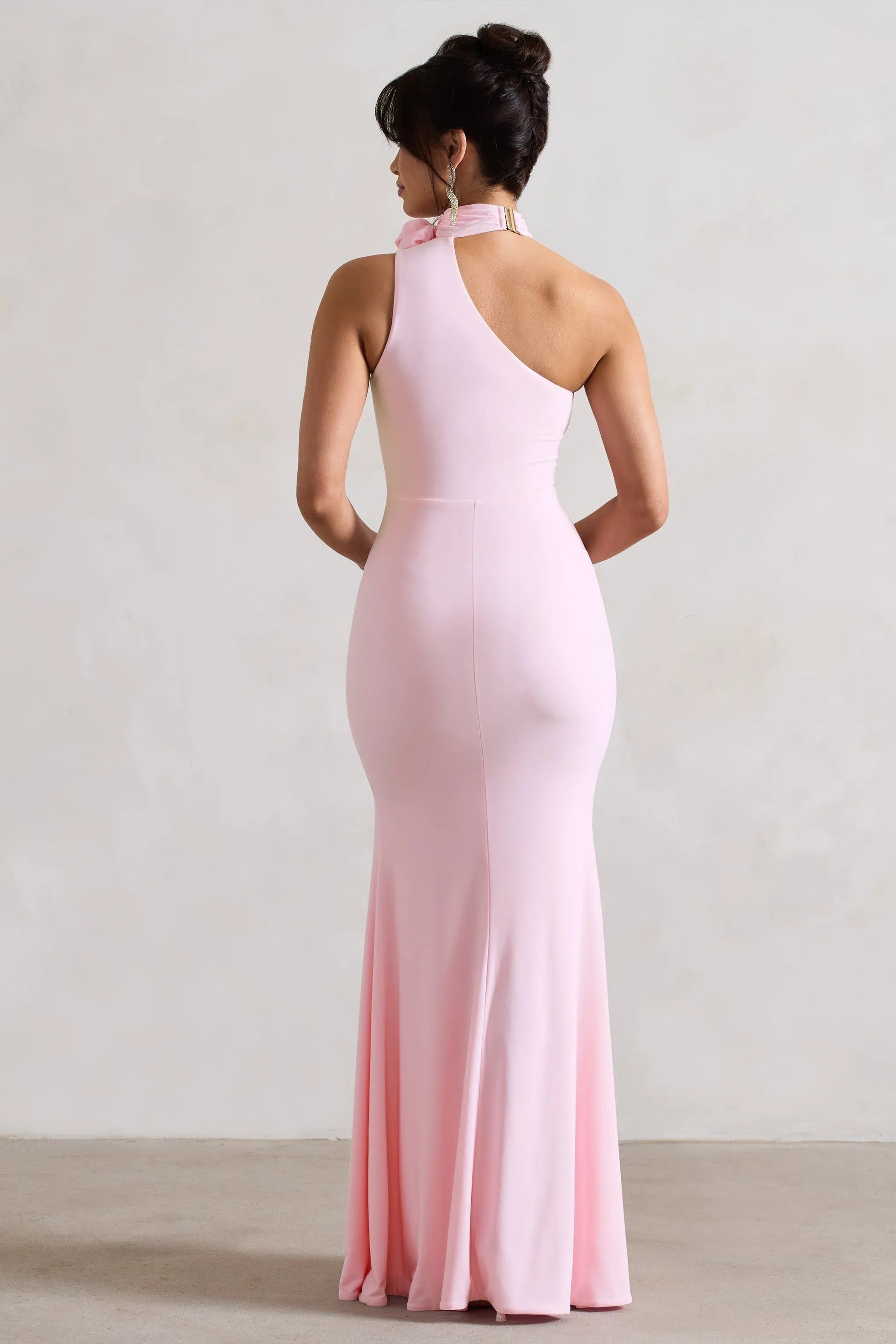 Suspense Pink One Shoulder Halter-Neck Split Maxi Dress