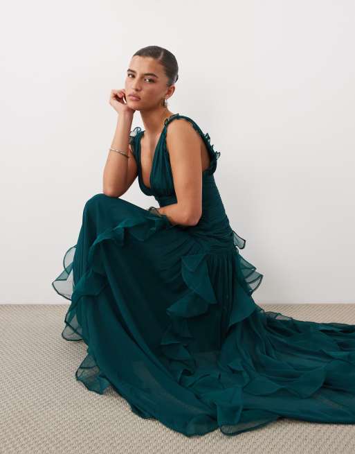 ruched maxi dress with waterfall detail in dark green