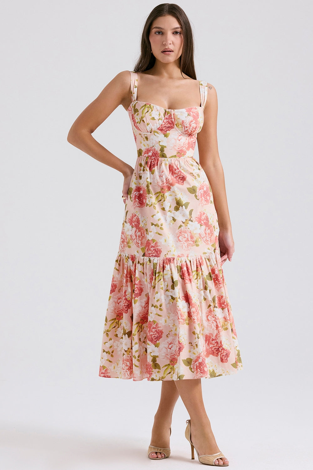 Rosalee pink peony print cotton bustier sundress