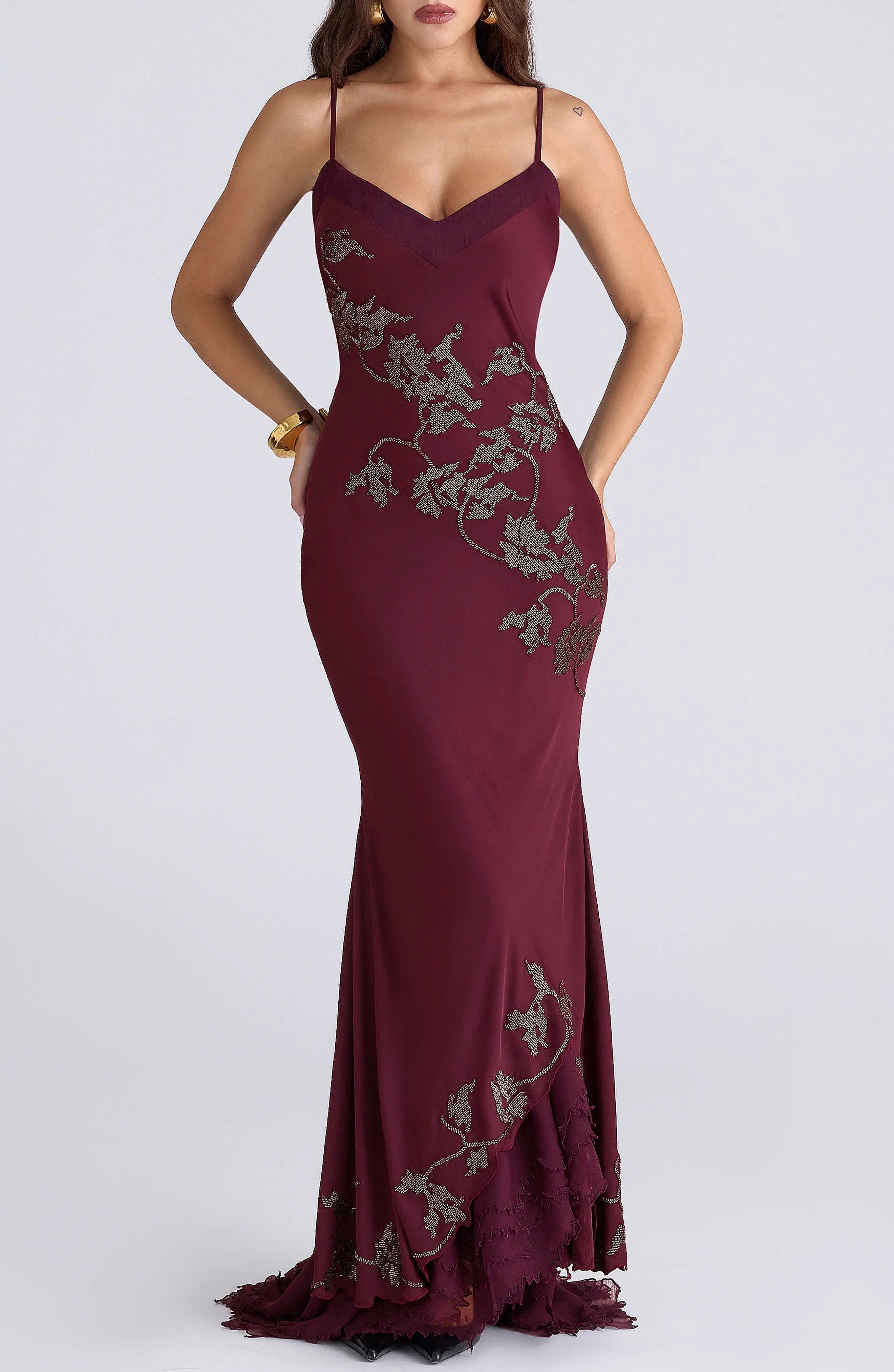 Anastelle plum hand beaded embellished satin maxi gown - limited edition