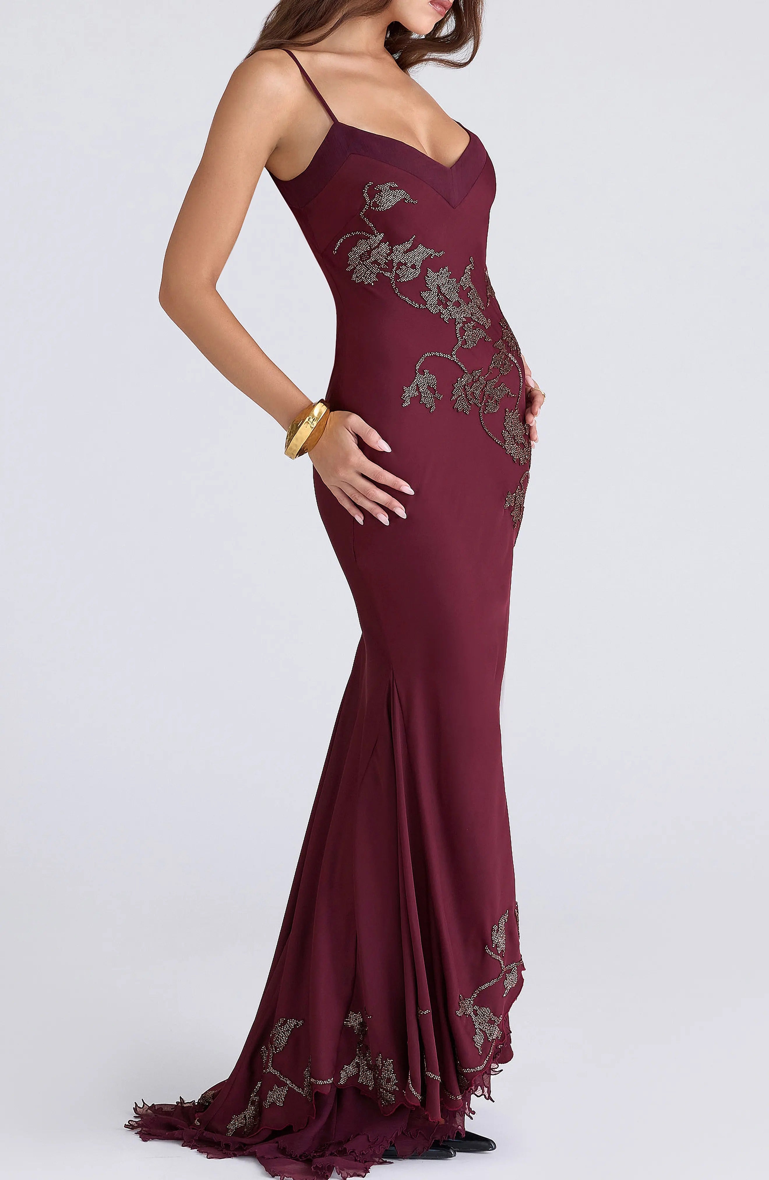 Anastelle plum hand beaded embellished satin maxi gown - limited edition