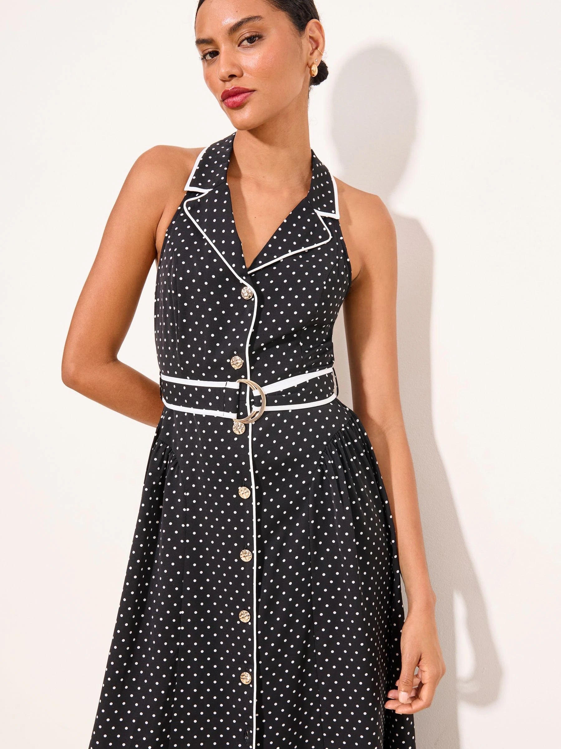 Lipsy Black Polka Dot Printed Halter Neck Collar Belted Midi Dress