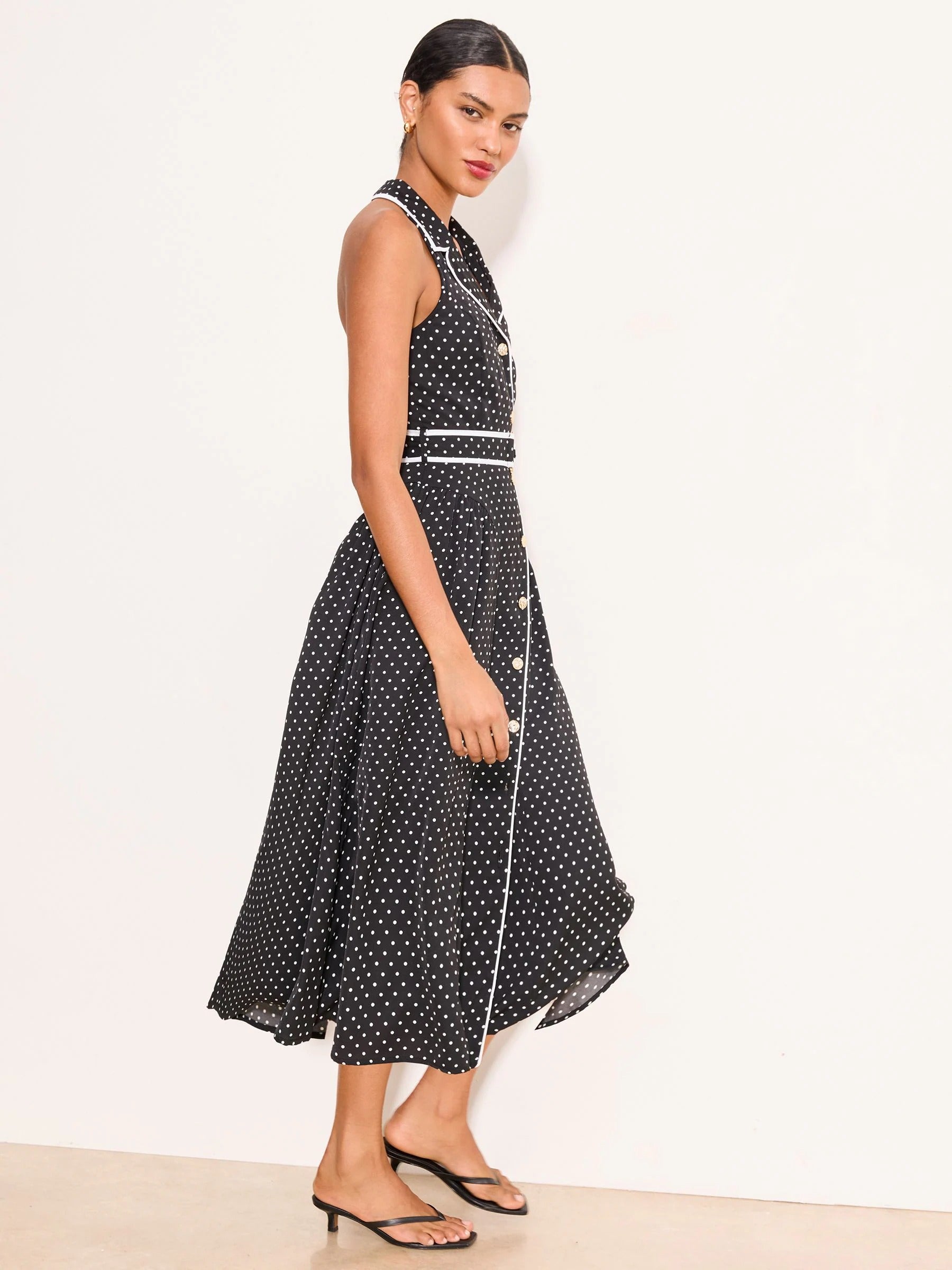 Lipsy Black Polka Dot Printed Halter Neck Collar Belted Midi Dress
