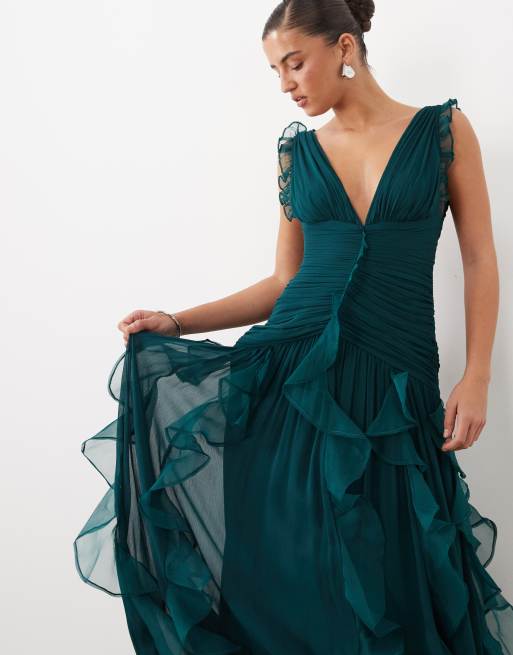 ruched maxi dress with waterfall detail in dark green