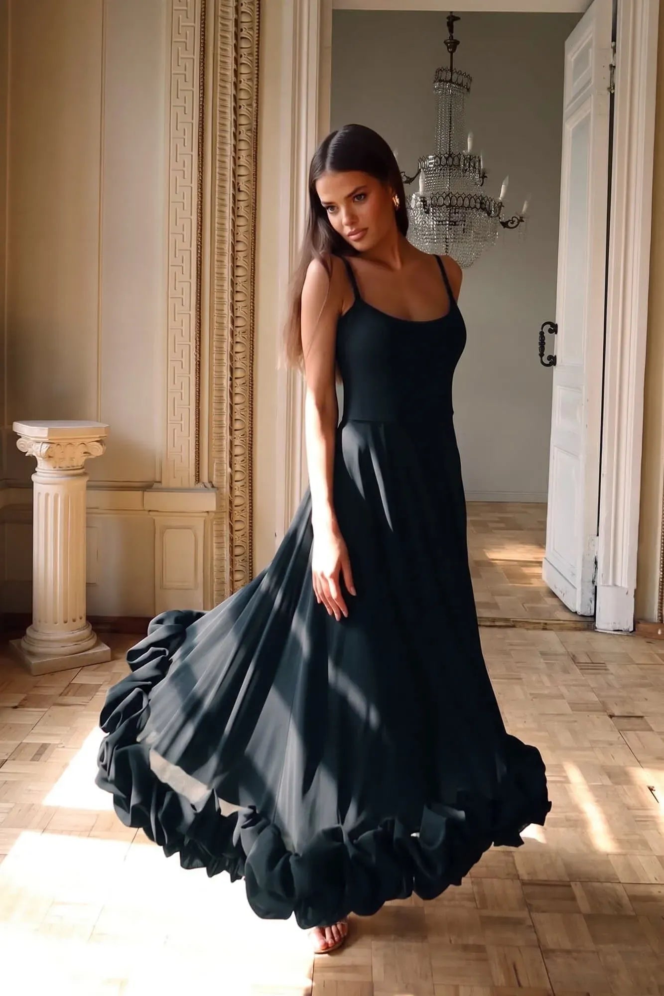 Midi-length bustier dress with gathering
