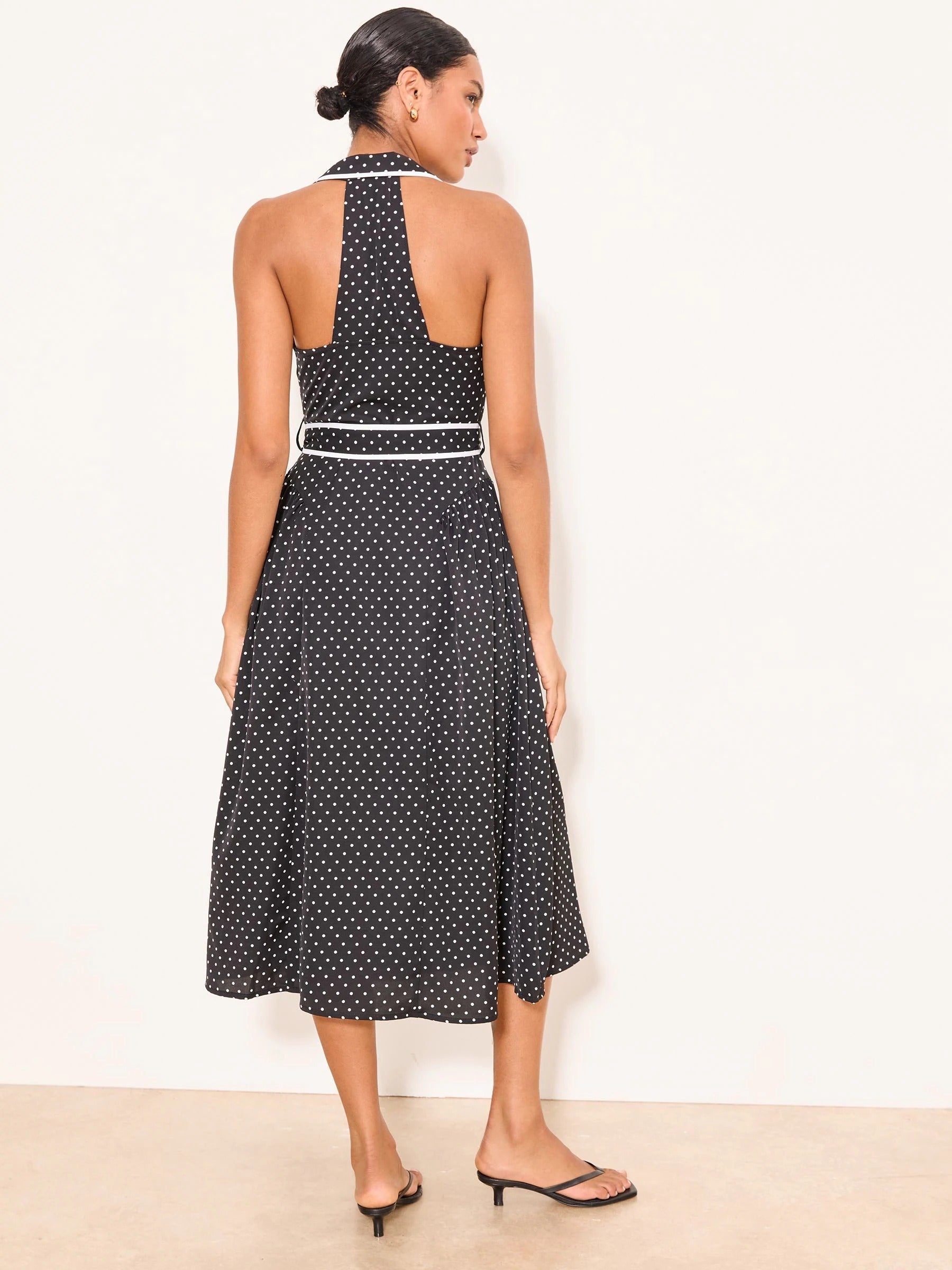 Lipsy Black Polka Dot Printed Halter Neck Collar Belted Midi Dress