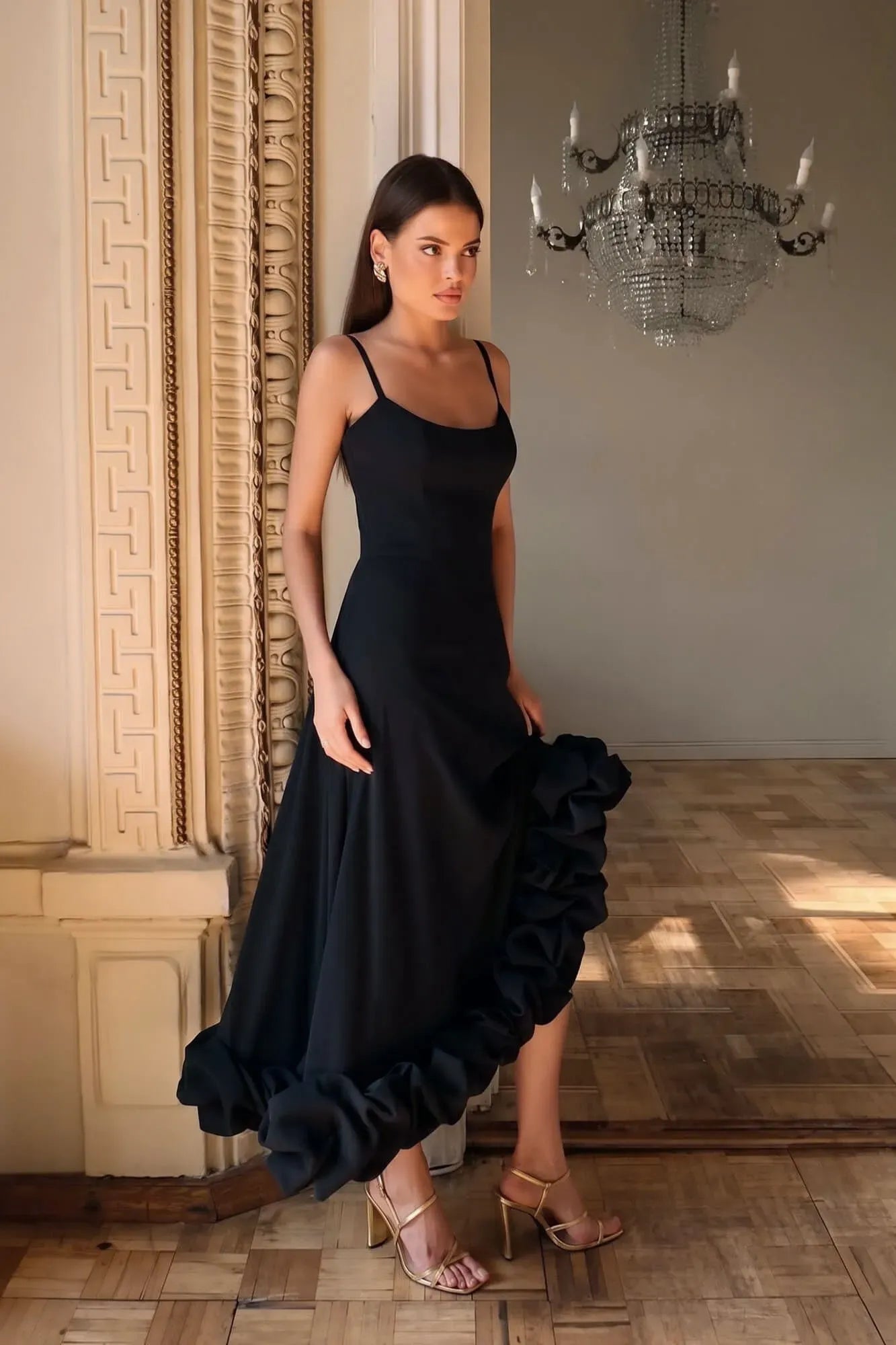 Midi-length bustier dress with gathering