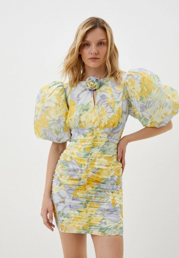 Floral Puff Sleeve Ruched Mini Dress
