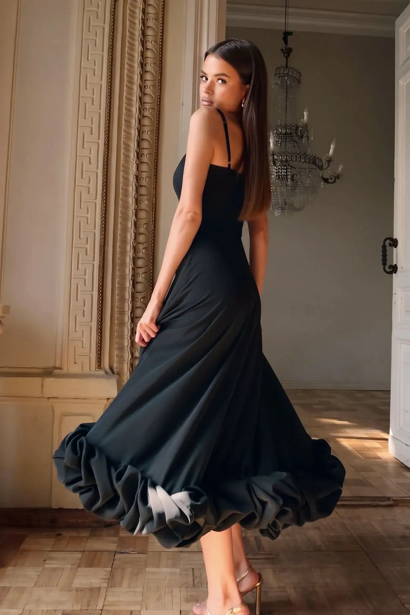Midi-length bustier dress with gathering