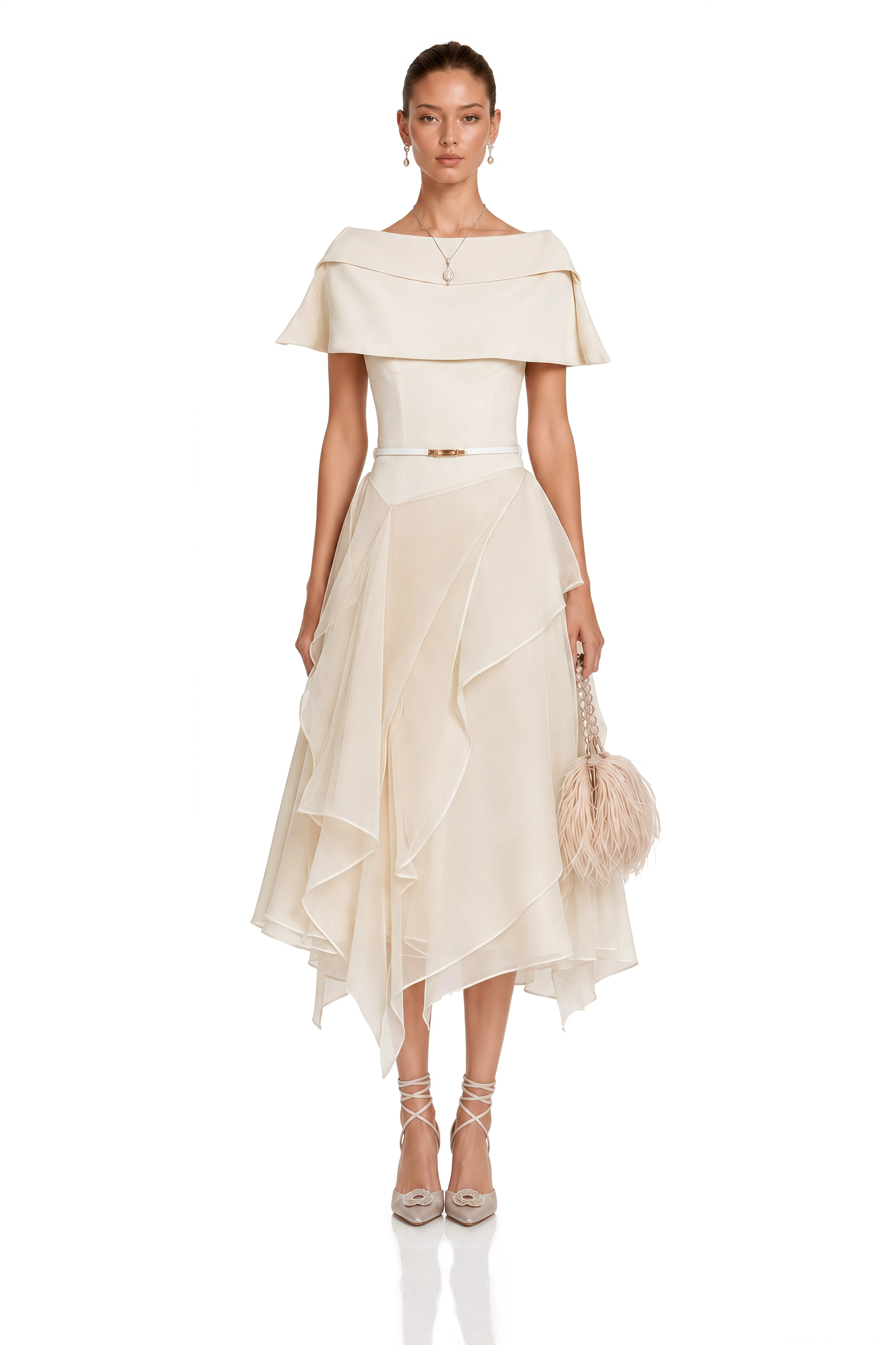 Conjunto de vestido con chal asimétrico Aria White y panel de tul