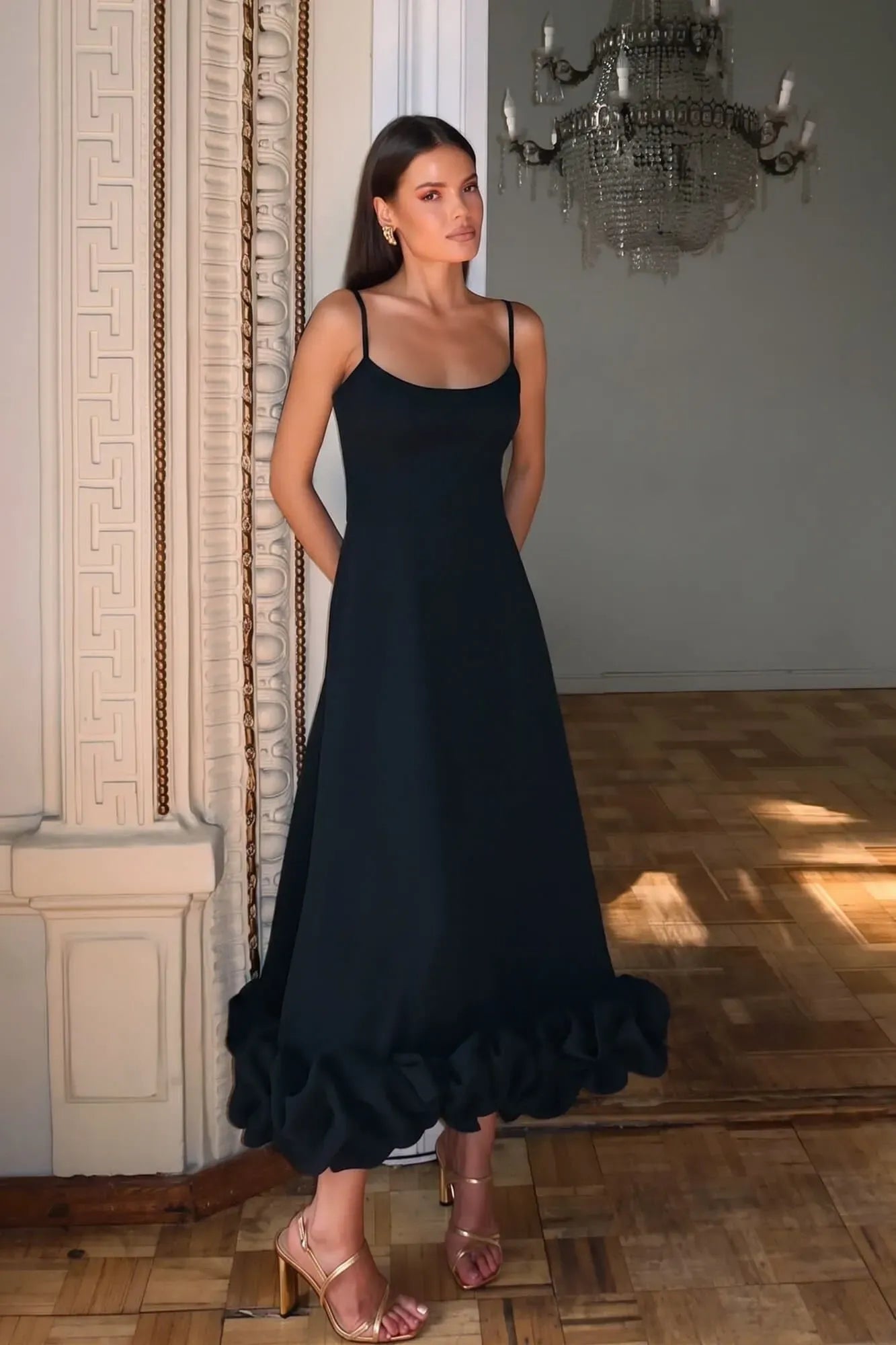 Midi-length bustier dress with gathering