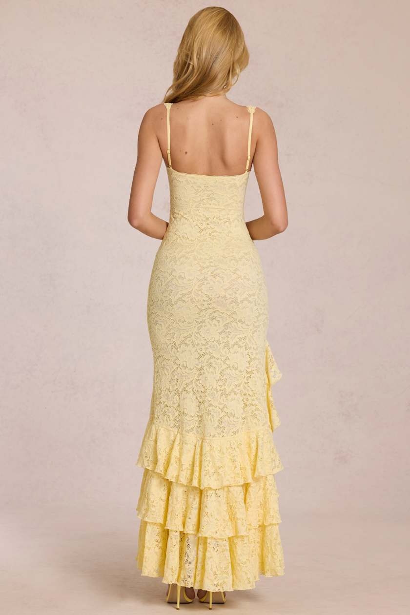Celira Lace Ruffle Maxi Dress in Lemon Yellow