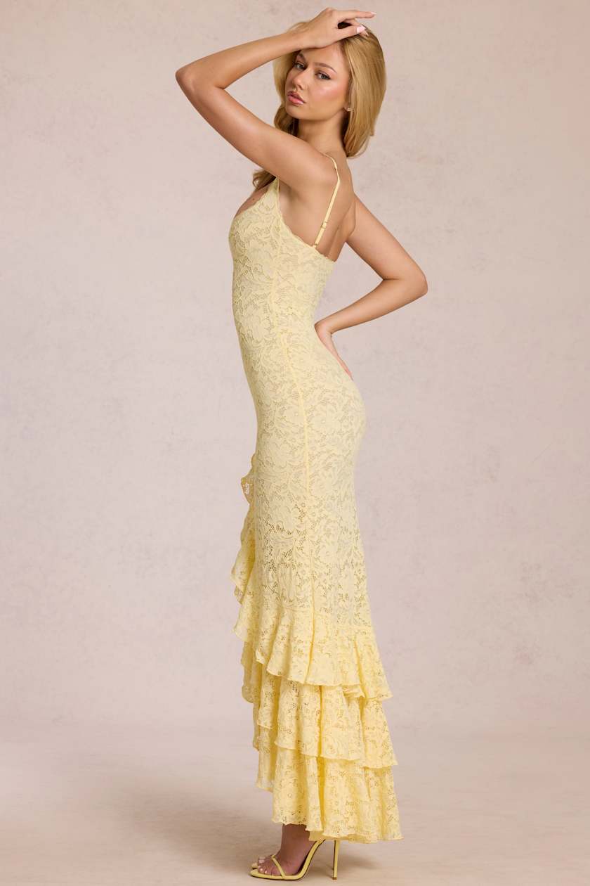 Celira Lace Ruffle Maxi Dress in Lemon Yellow