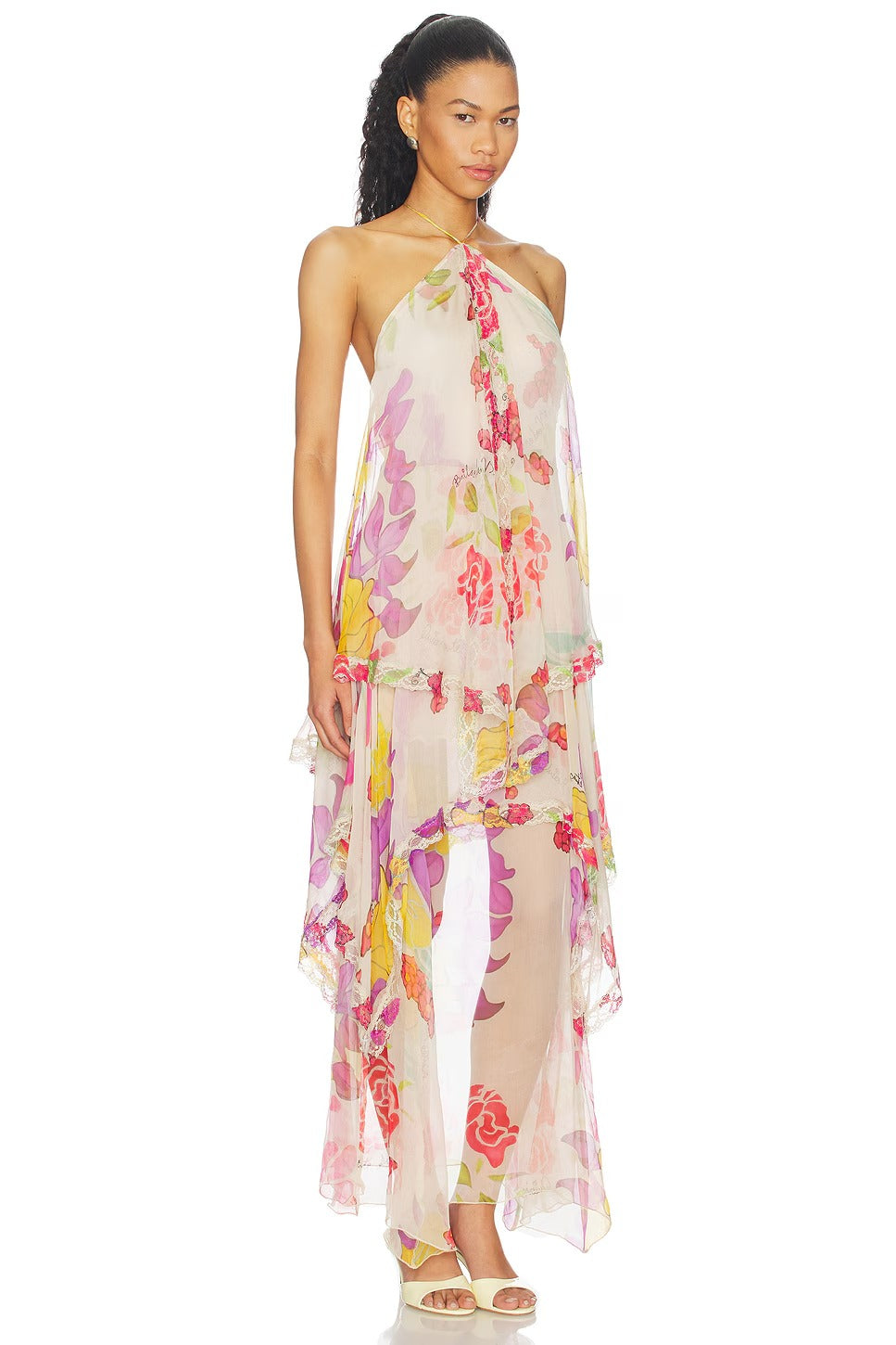 Flores Silk Chiffon Long Halter Dress