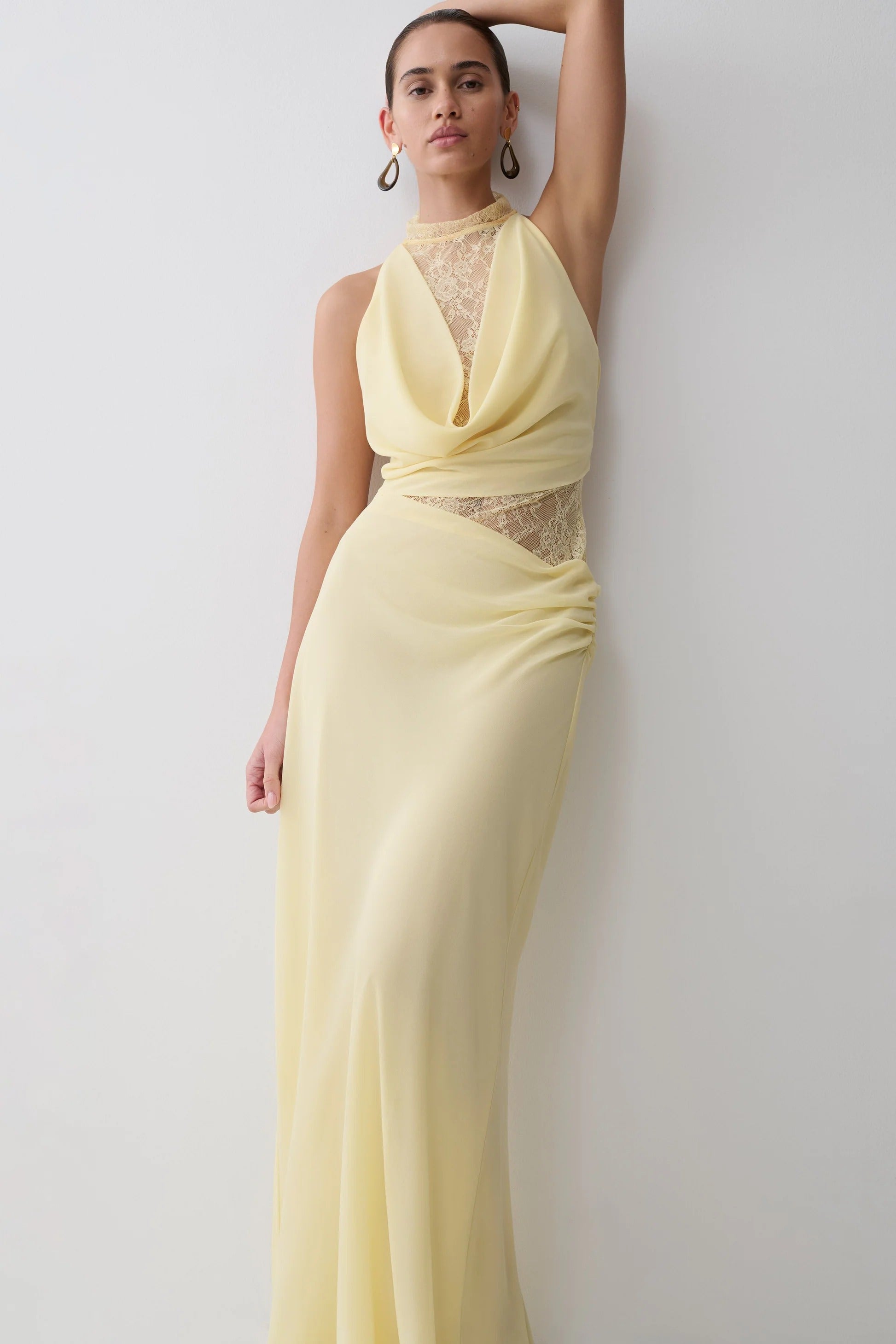 Chiffon And Lace Halter Maxi Dress - Lemon