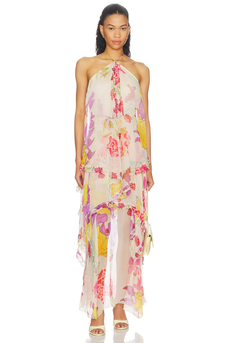 Flores Silk Chiffon Long Halter Dress