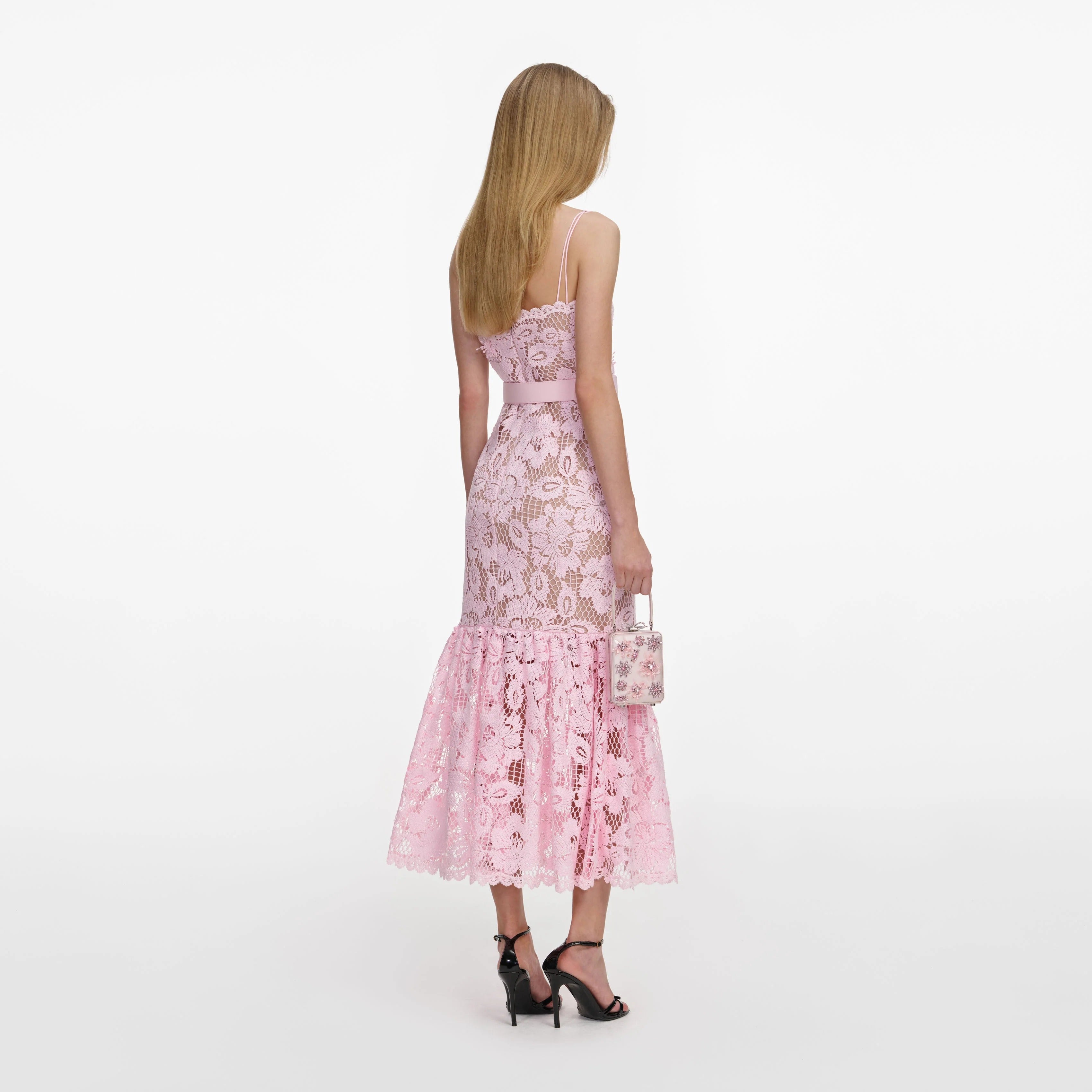 Pink Crochet Lace Midi Dress