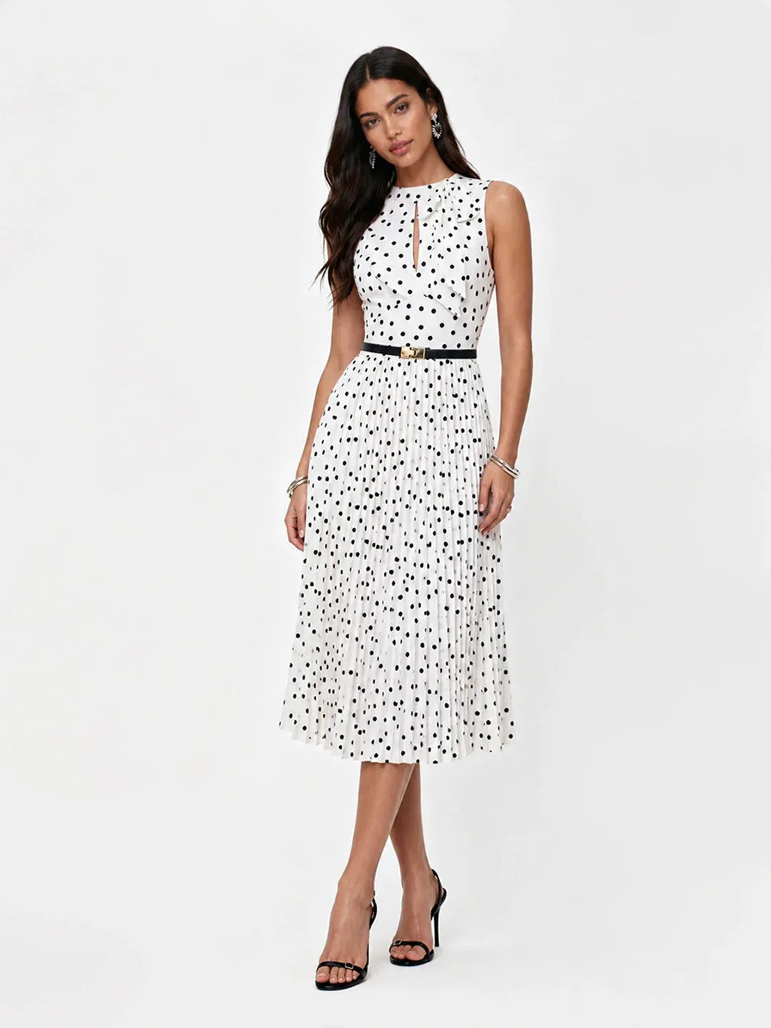 Scarf Neck Polka Dot Pleated Dress