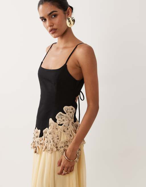 ASOS DESIGN embellished crochet flower maxi dress in black and neutral