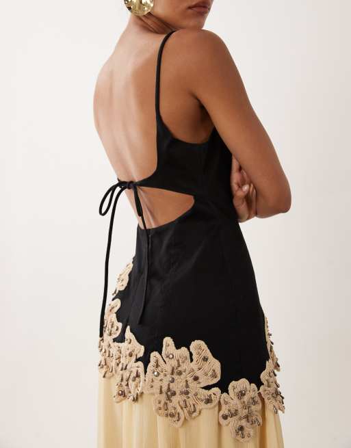 ASOS DESIGN embellished crochet flower maxi dress in black and neutral