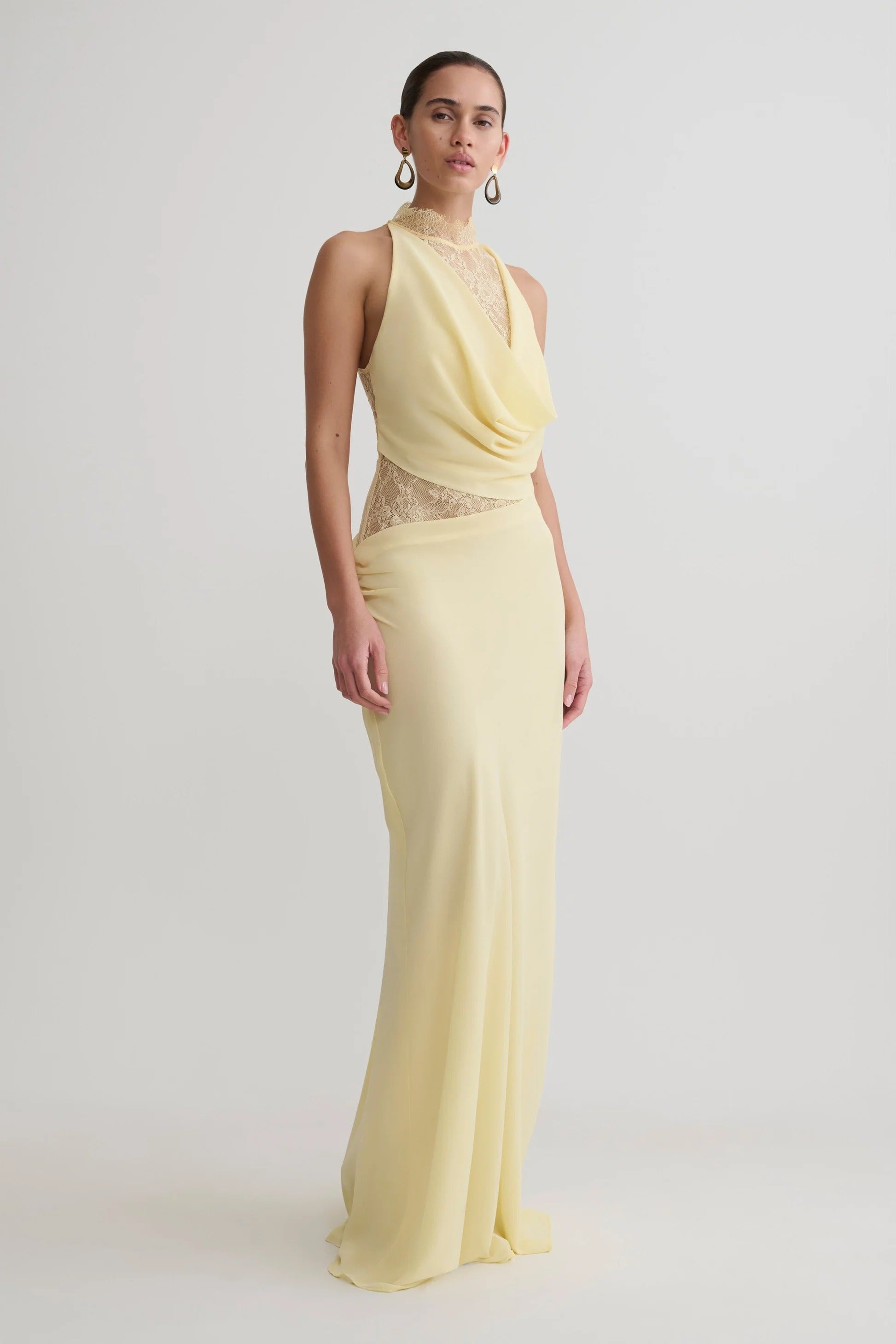 Chiffon And Lace Halter Maxi Dress - Lemon