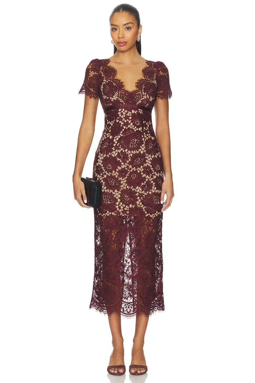 Brown Floral Lace Midi Dress