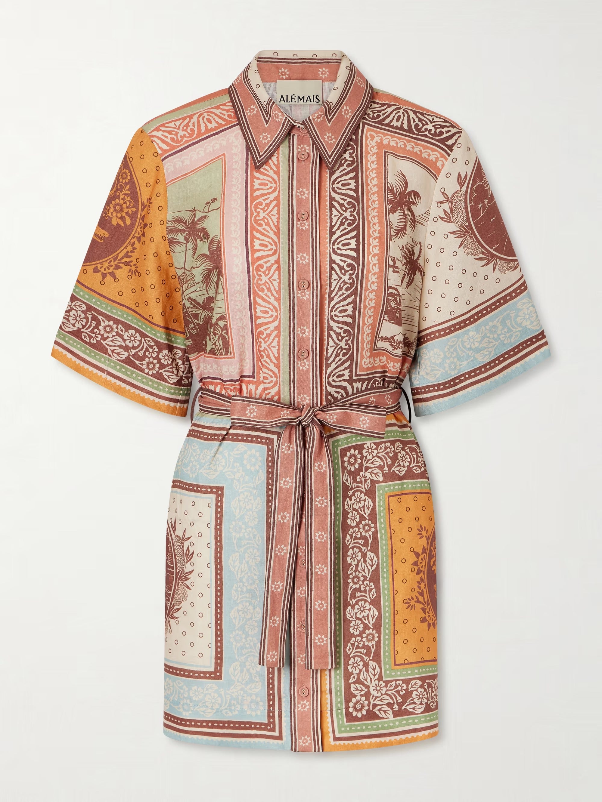 ALÉMAIS Alberta belted printed linen mini shirt dress | NET-A-PORTER